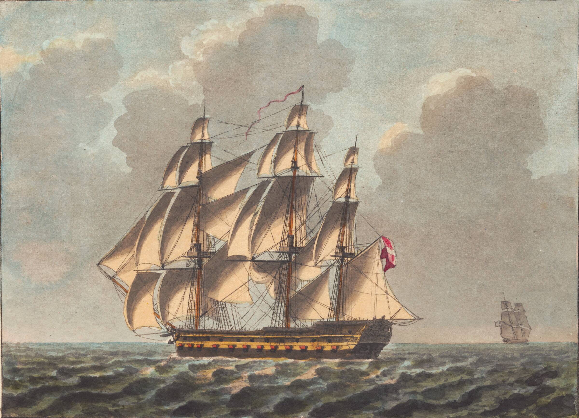 Et dansk linie skib seilende nesten for vinden, Niels Truslew, 1805