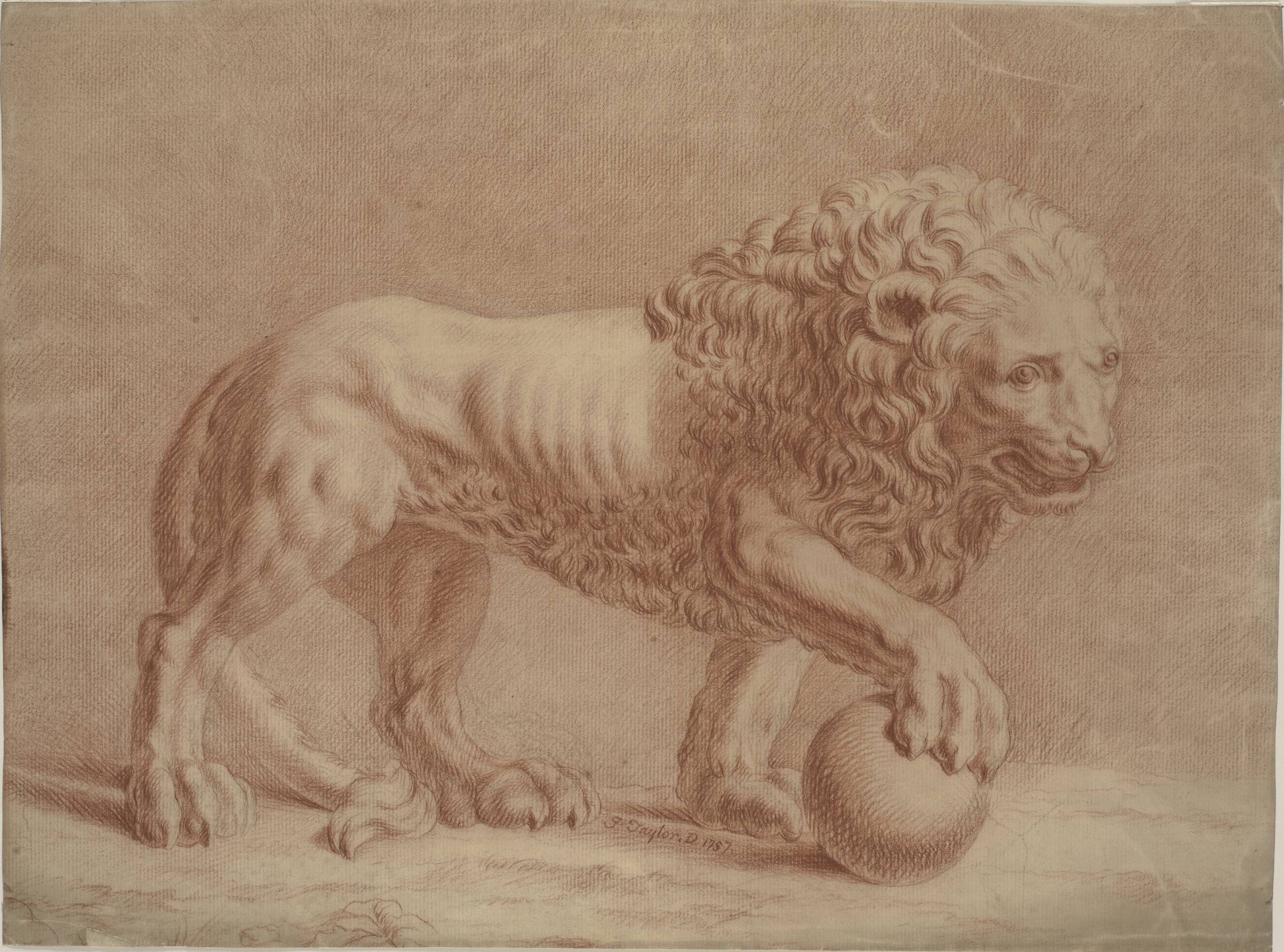 Løve, vendt mod højre, med højre forpote på en kugle, Isaac Taylor, 1750-1759