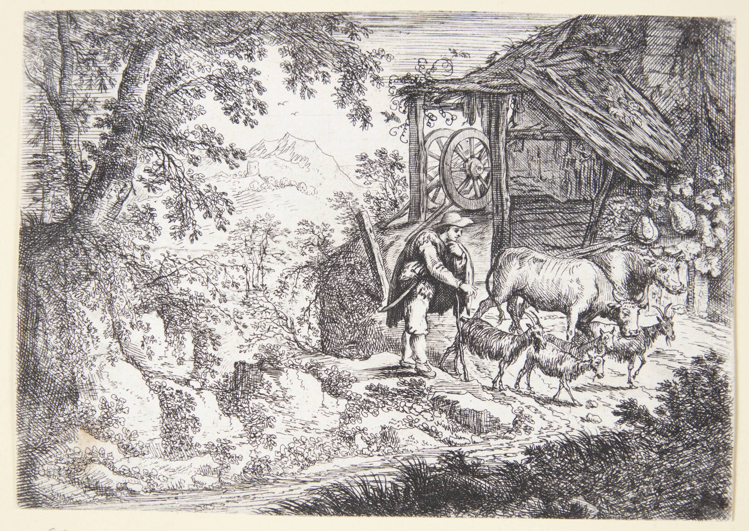 Landskab med en hyrde med to køer og fire geder, Cornelis Matthieu, 1637-1656
