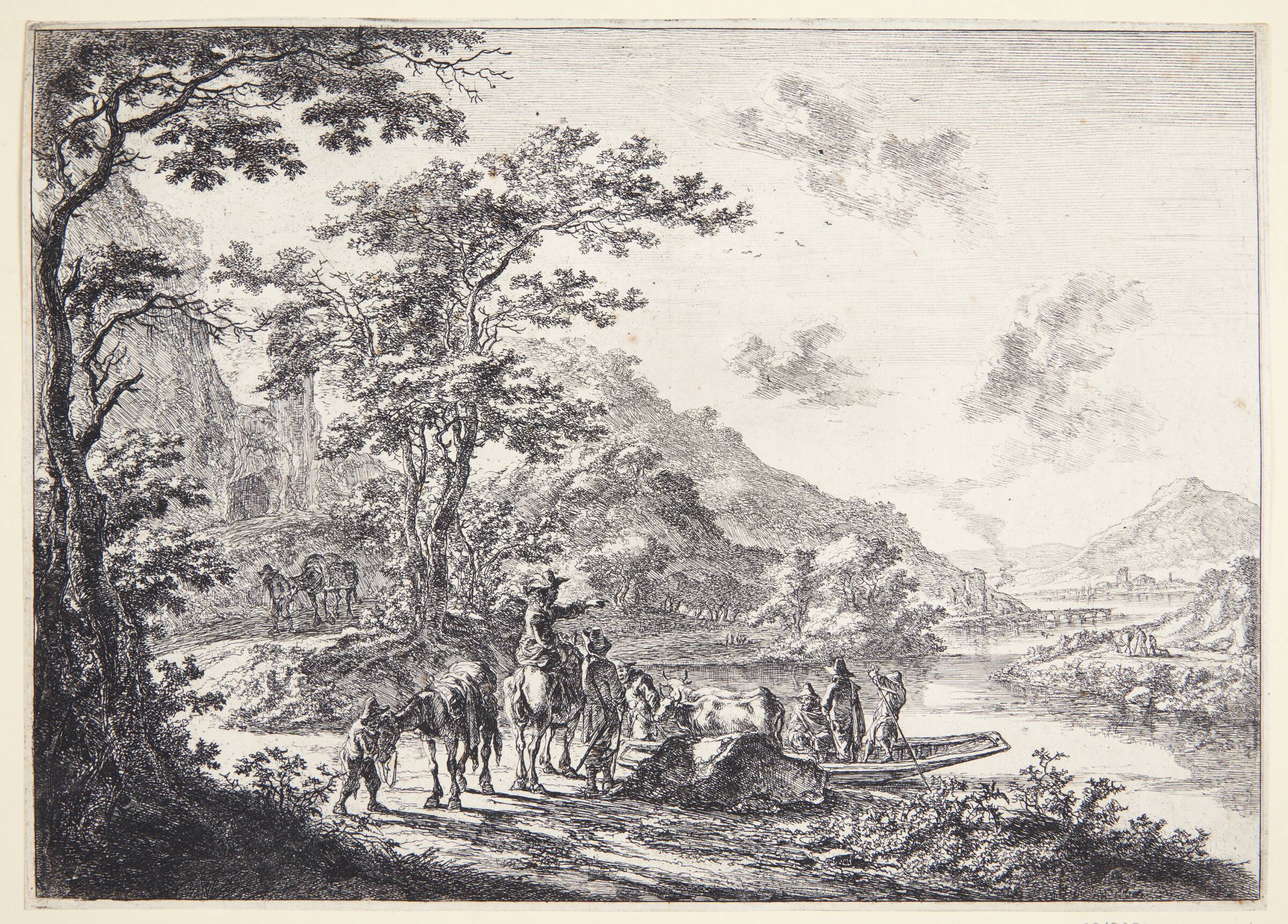 Landskab ved Tiberen med rejsende, bønder og kreaturer, Jan Both, 1618-1654
