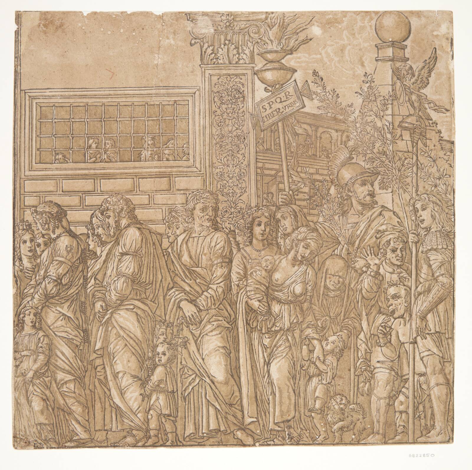 Mænd, kvinder og børn i procession, Andrea Andreani, 1599