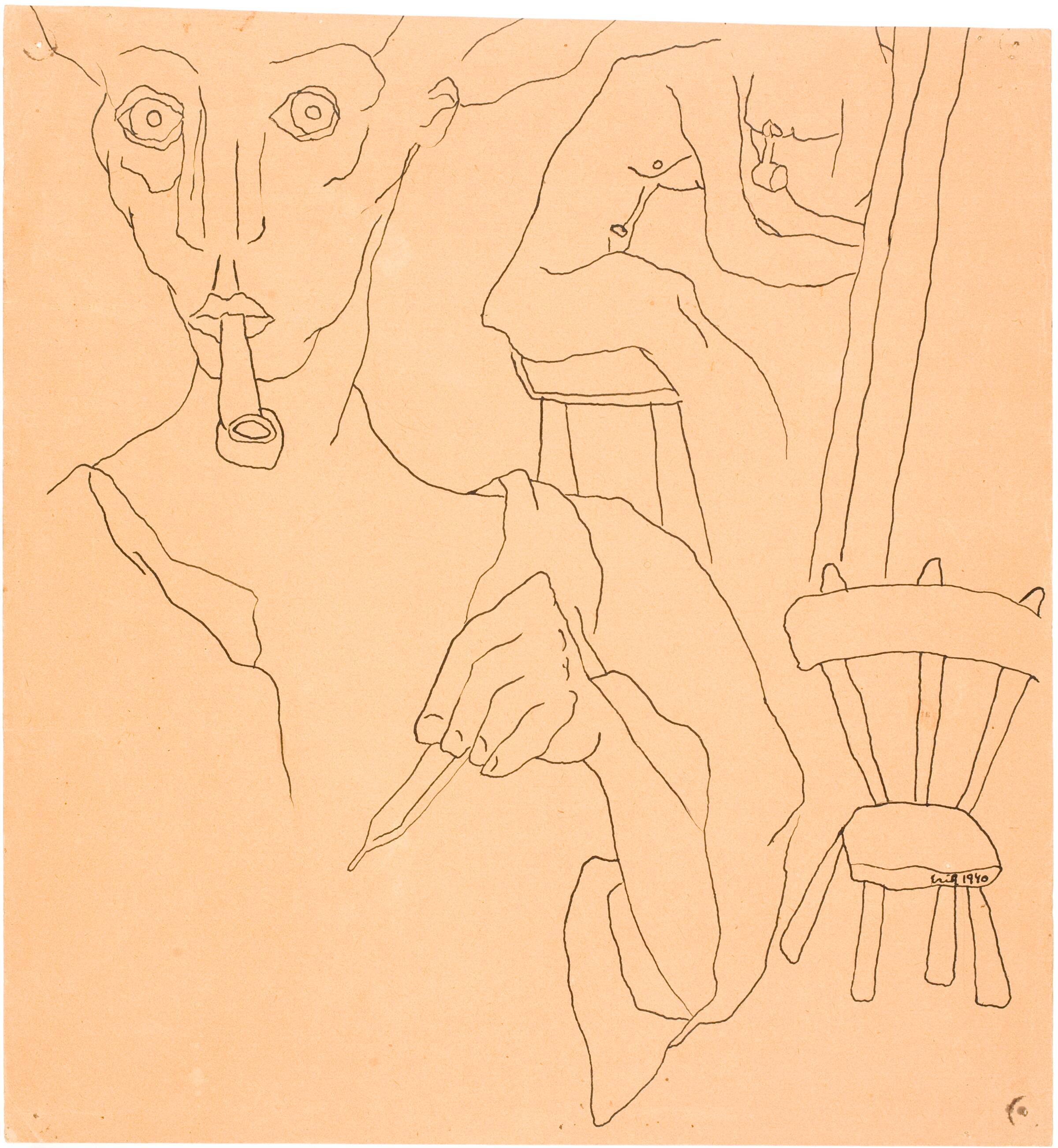 Interiør med kunstneren tegnende. I baggrunden foroverbøjet, nøgen, piberygende figur, Erik Thommesen, 1940