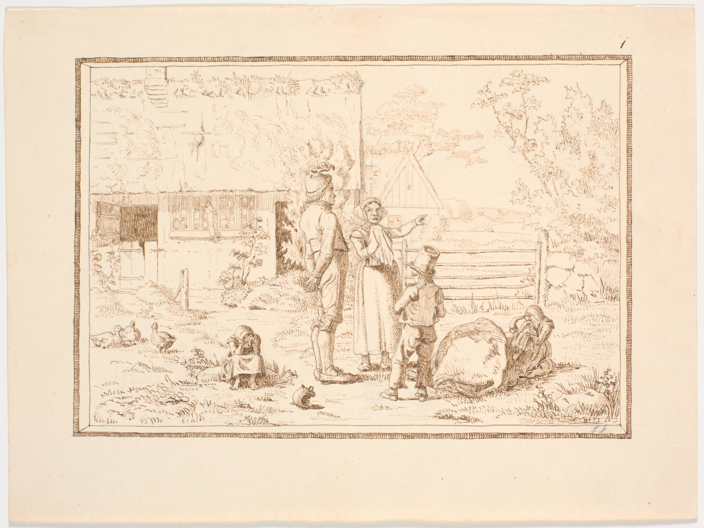 Grædende bondefamilie (illustration til eventyret "Bjergmanden og Tordenvejret"), Christen Dalsgaard, 1824-1907