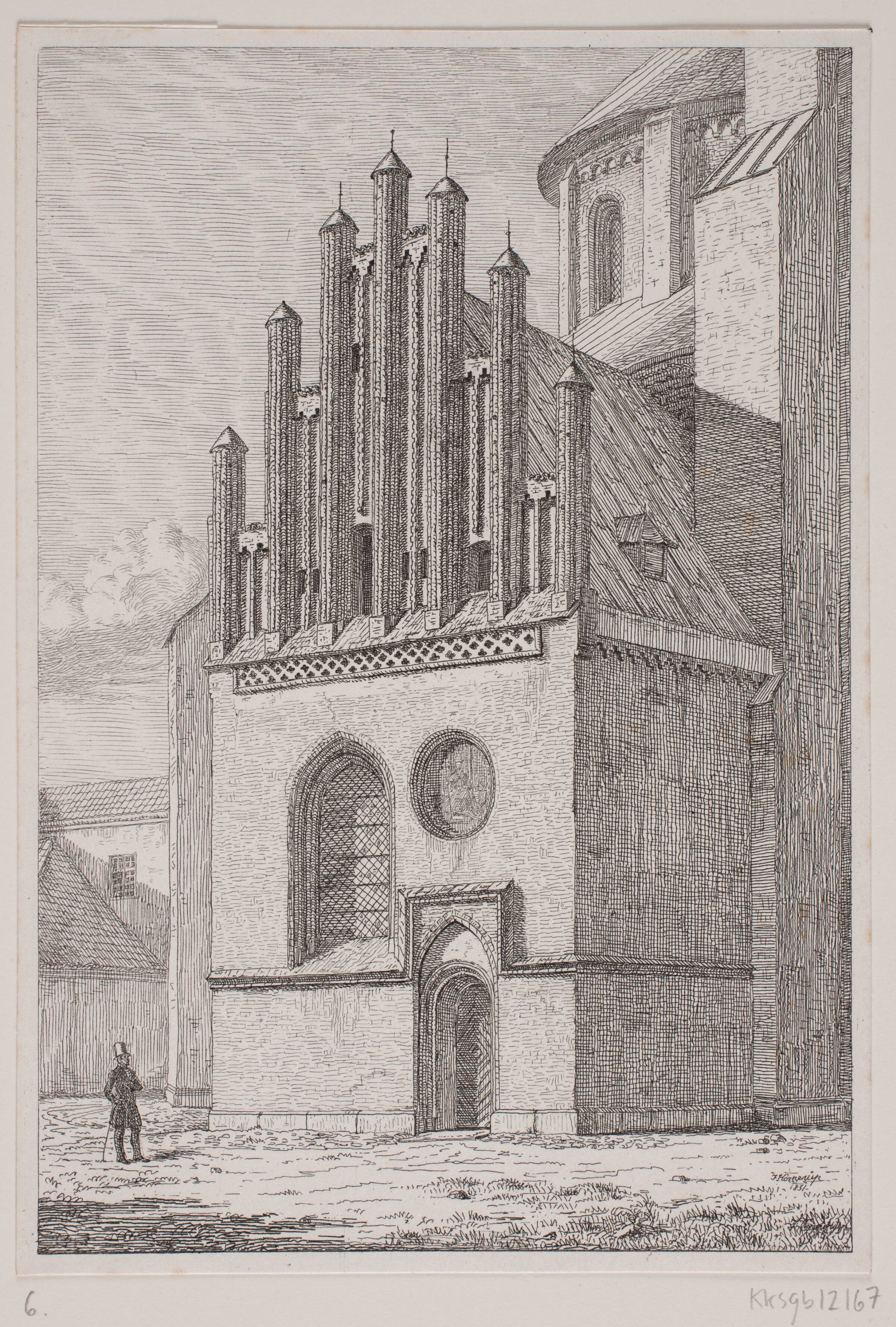 Parti af Roskilde Domkirke, set udefra, Jacob Kornerup, 1851