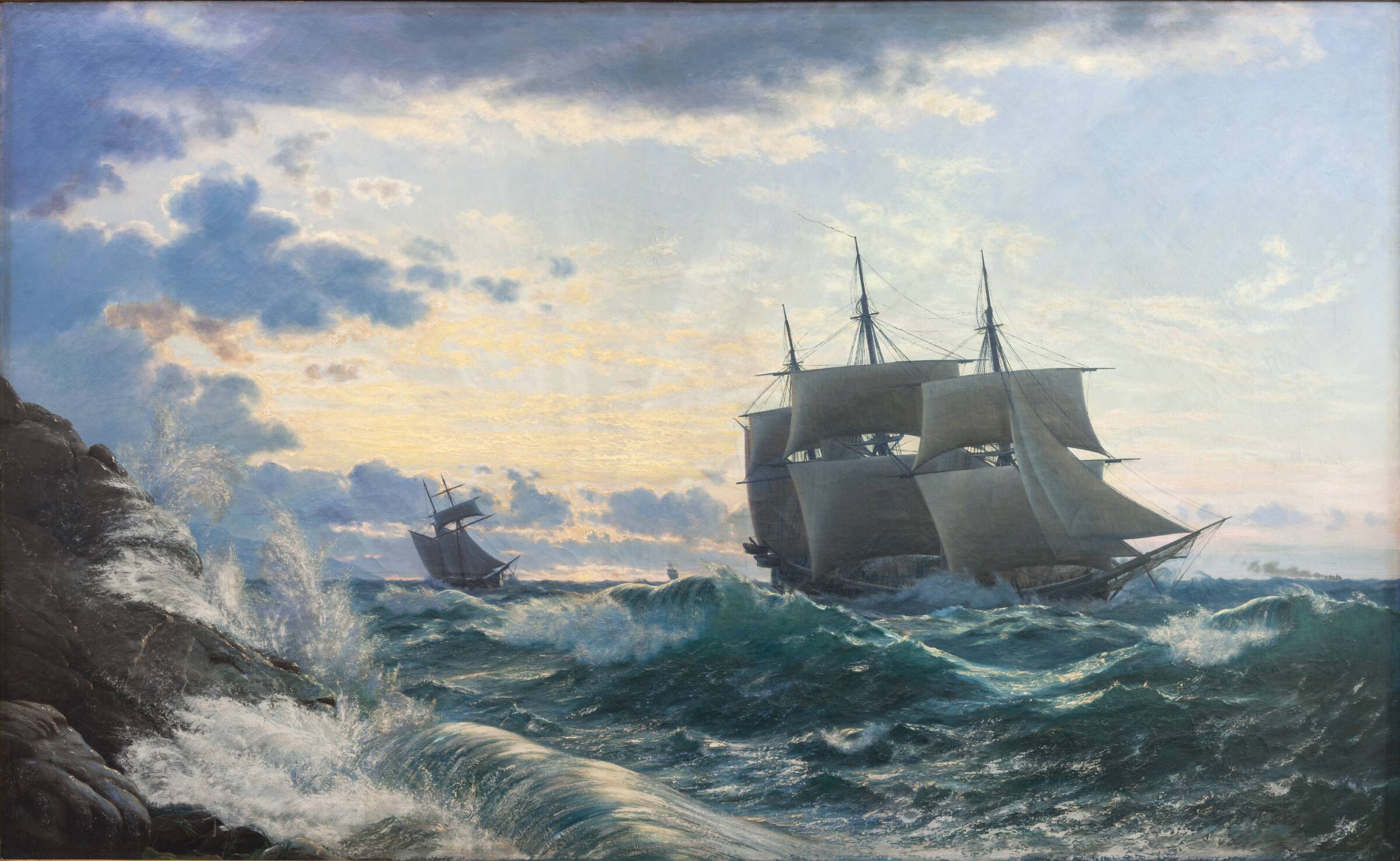 Skibe som morgenen efter en storm klarer landet for sig, Carl Rasmussen, 1878