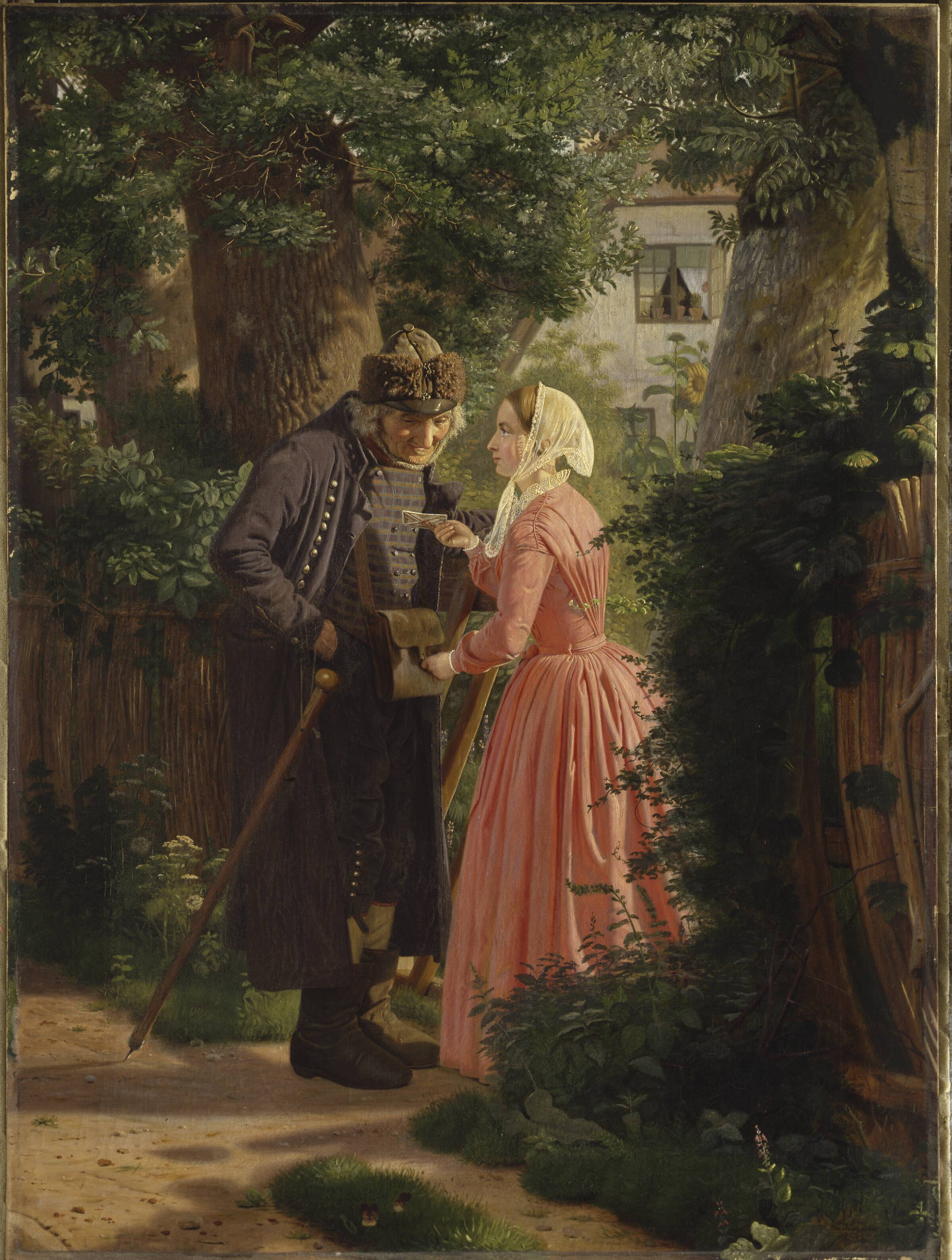 En ung pige beder landsbyens gamle postbud besørge et brev, Christen Dalsgaard, 1858