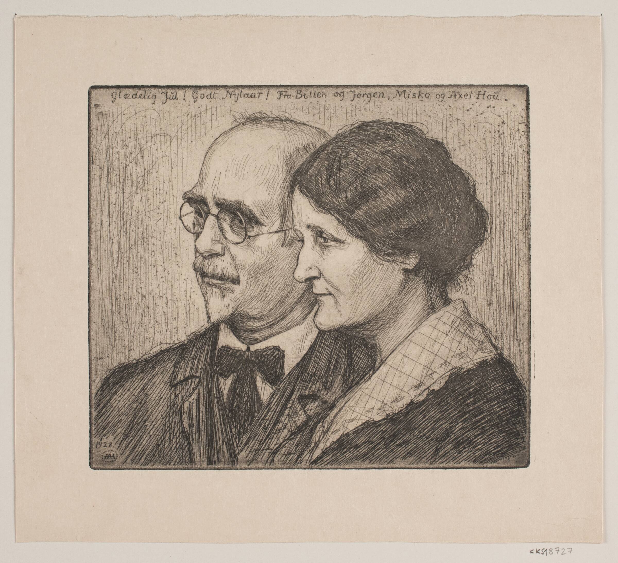 Selvportræt med hustru. Jule- og nytårskort, Axel Hou, 1928
