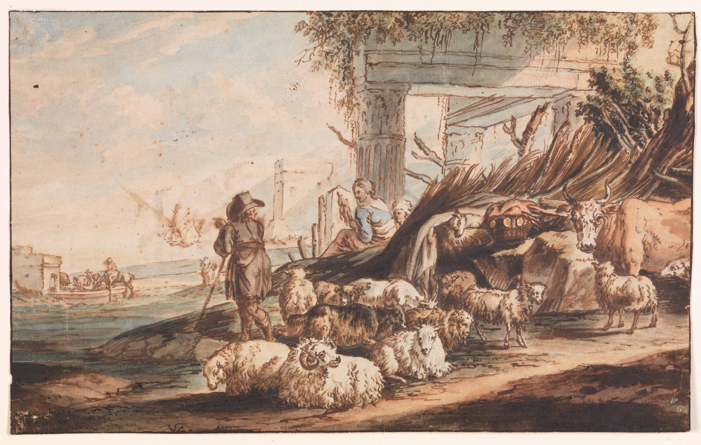 Hyrde med fåreflok og en ko mellem ruiner, Jan Baptist Weenix, 1600-1700