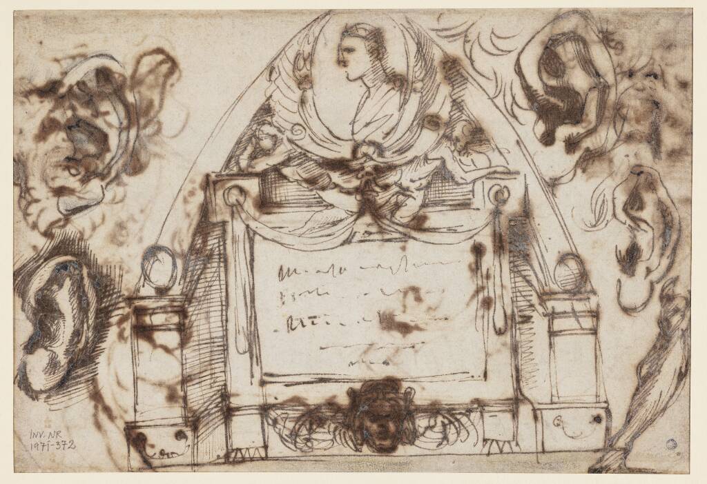 Udkast til udsmykning af en hvælvkappe med imperatorportrætbuste og indskrifttavle. Desuden fire skitser af ører og en af en mands venstre ben, Annibale Carracci, 1594-1600