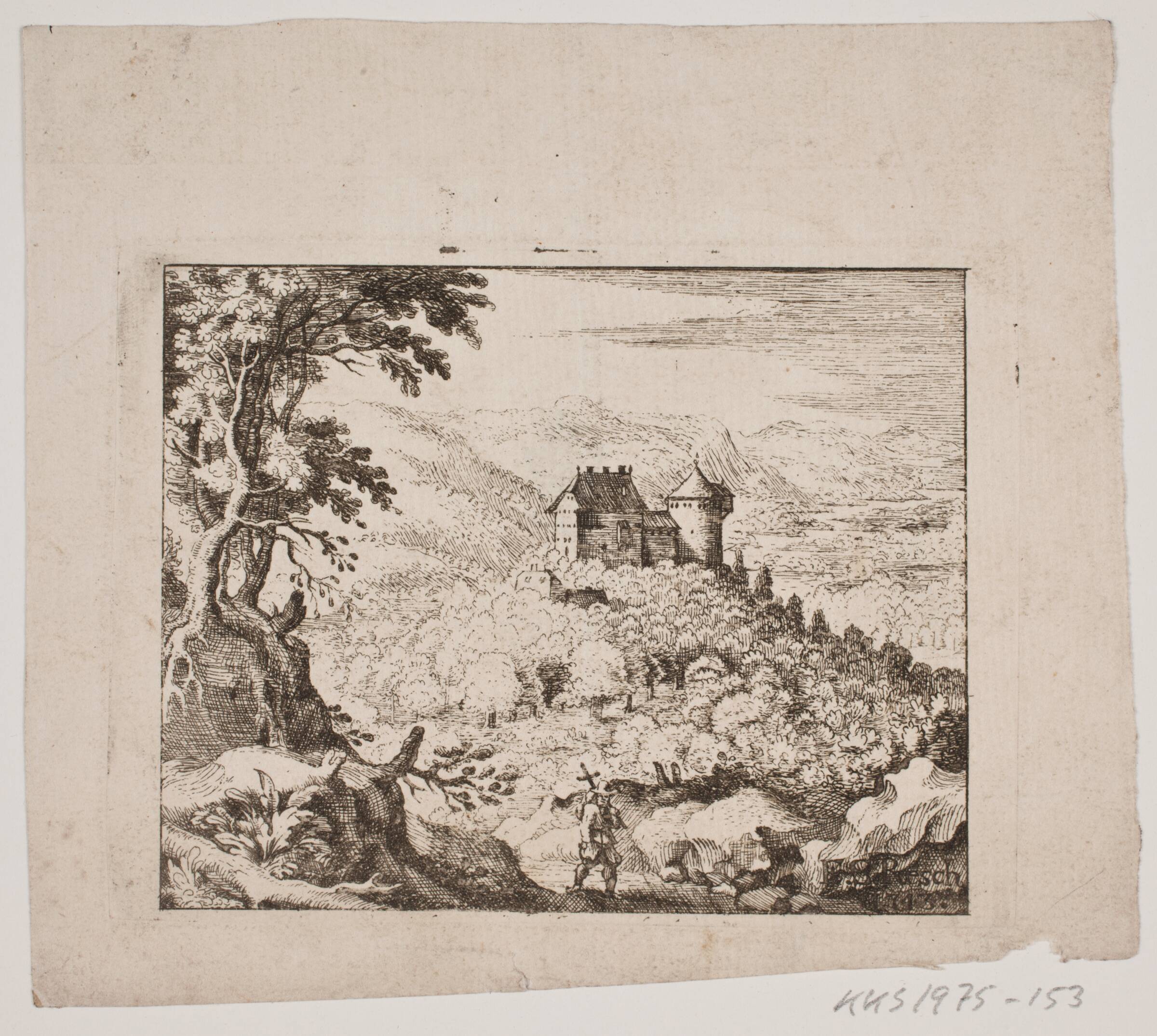 Bjergrigt landskab med en borg og en vandringsmand, Erasmus Sigismund Resch, 1743