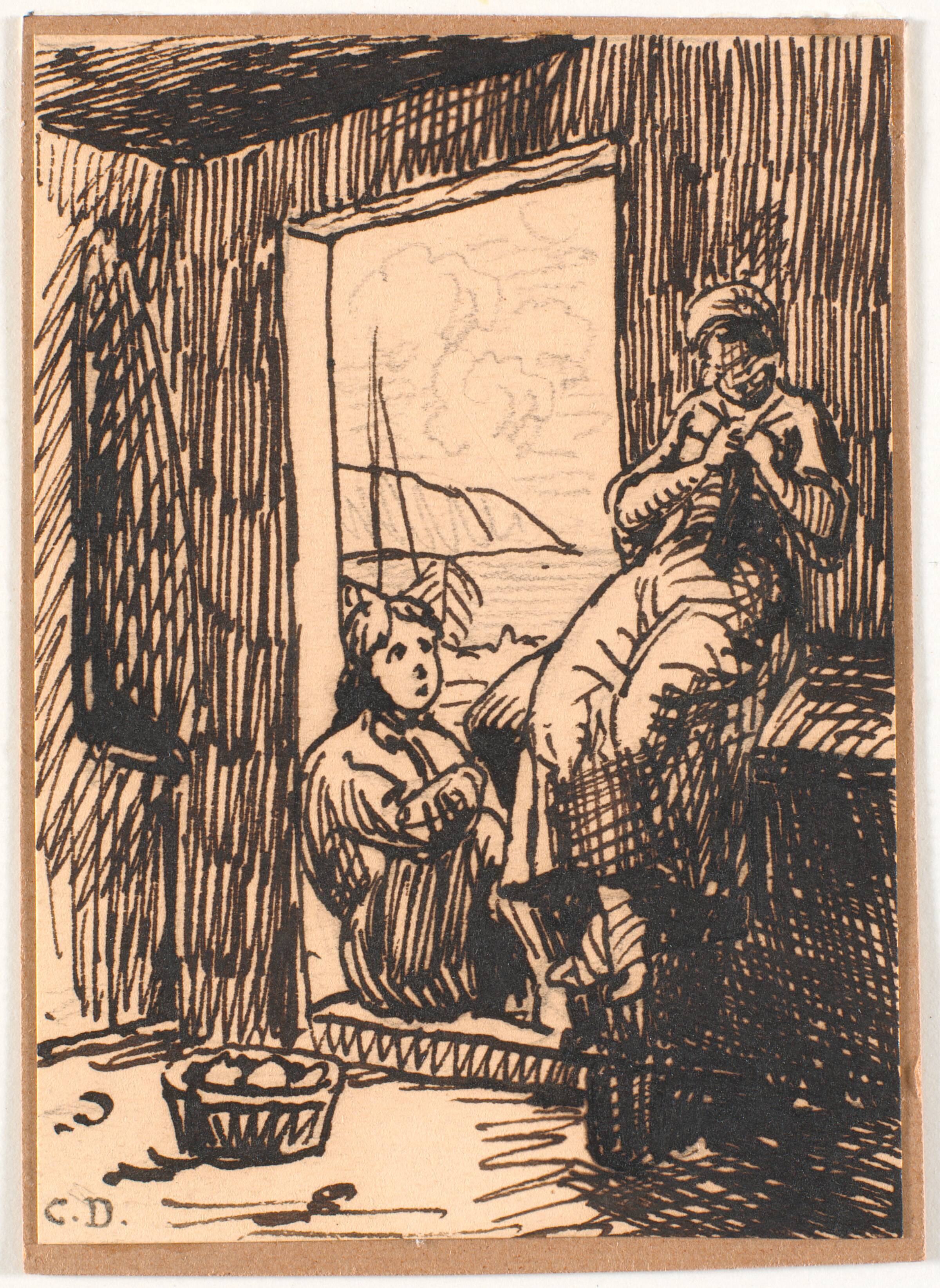Pige og fiskerdrene i åben dør, Christen Dalsgaard, 1824-1907