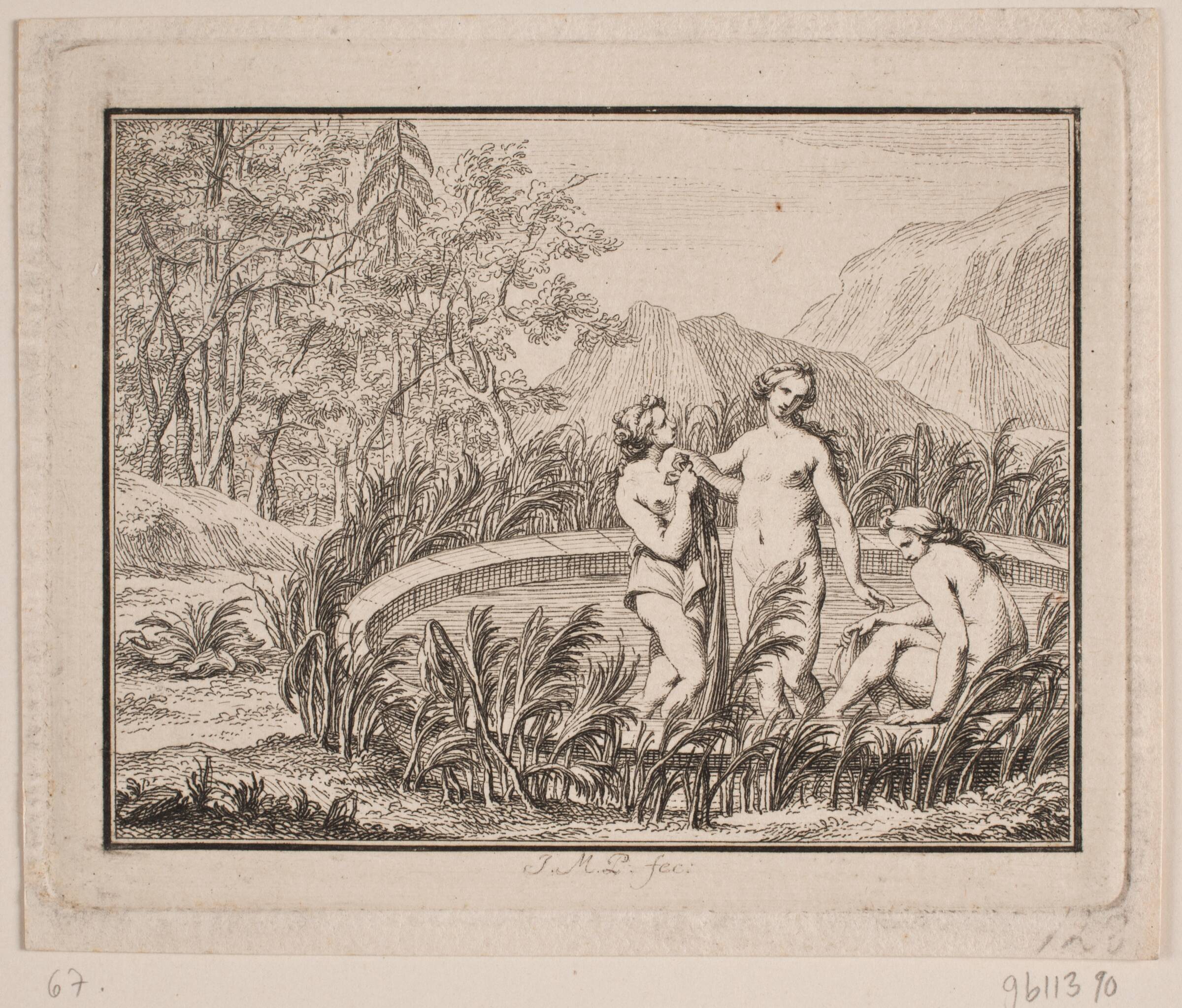 Vignet. Tre kvinder bader i et bassin, J.M. Preisler, 1715-1794