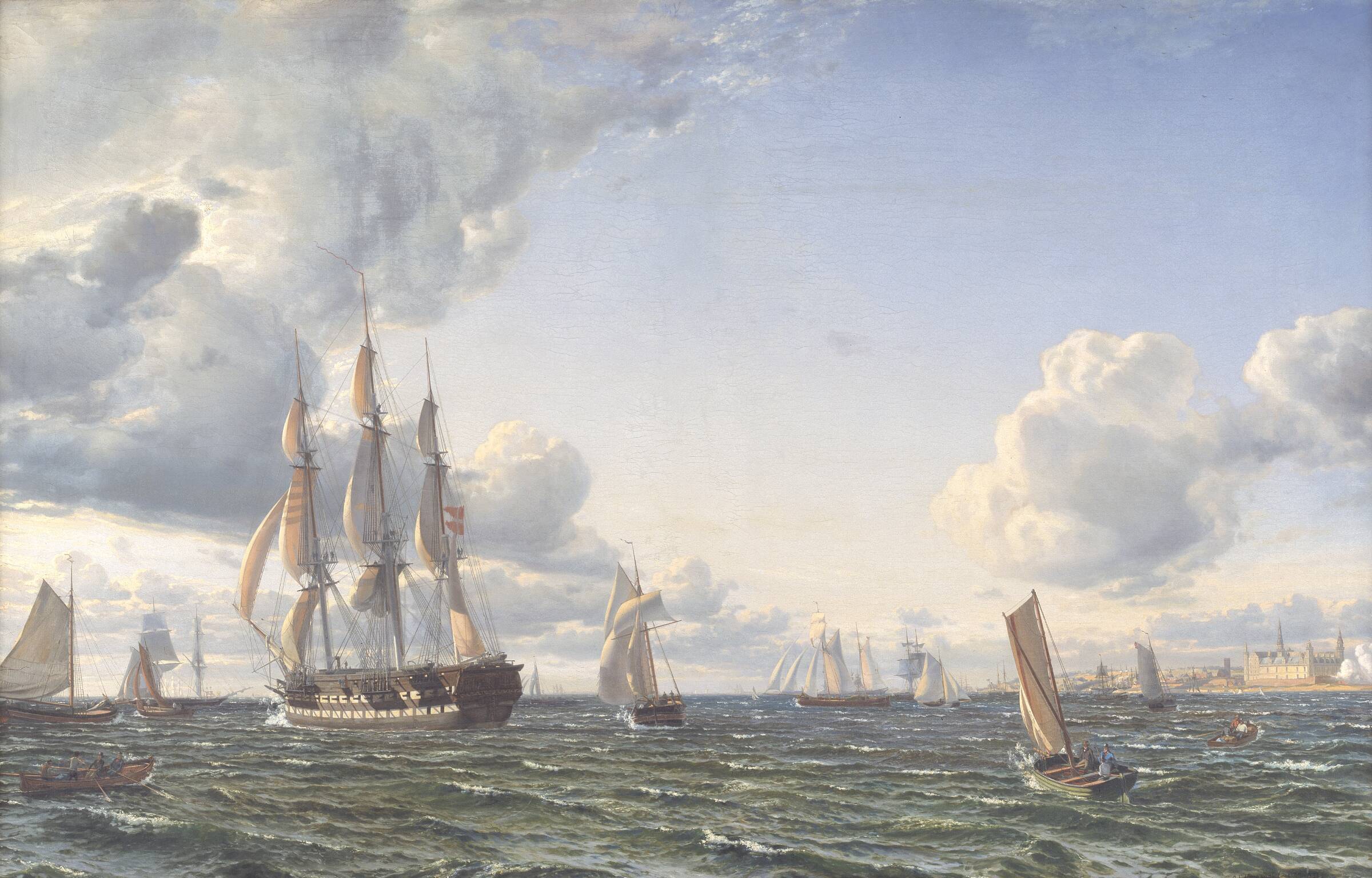 Linieskibet "Valdemar" krydser Sundet ind for en frisk bramsejlskuling, Emanuel Larsen, 1856