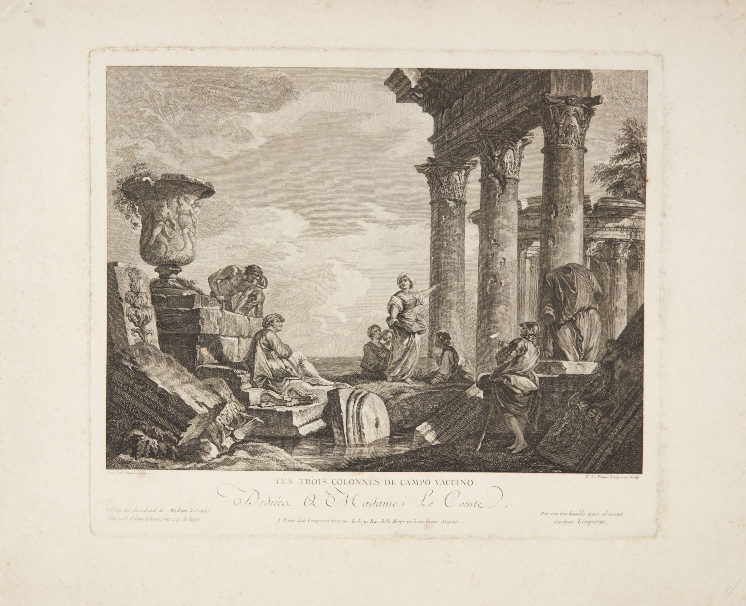 Campo Vaccinos tre søjler (Les Trois Colonnes de Campo Vaccino), Catherine Élisabeth Lempereur, 1762
