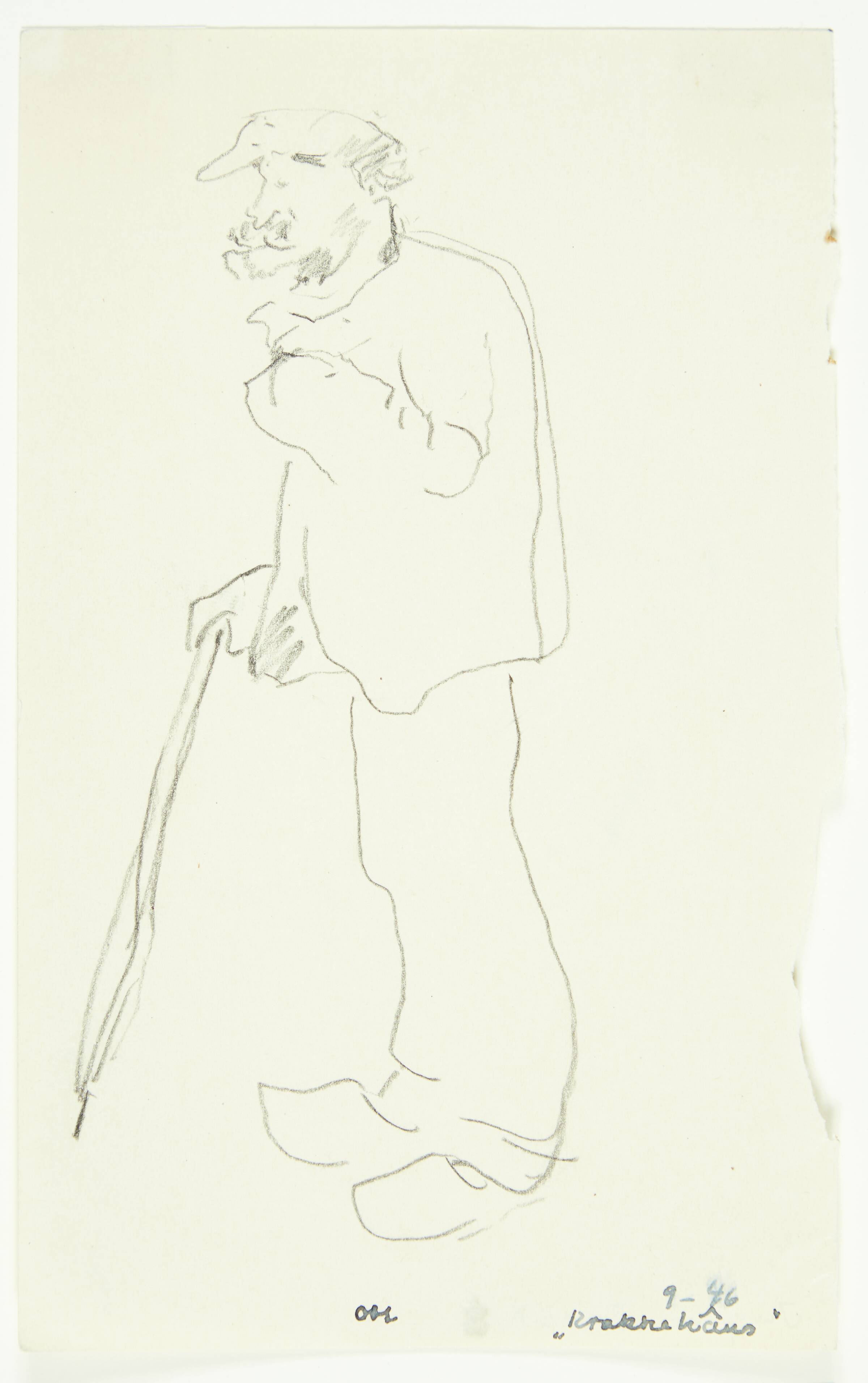 Stående mand i træsko og med stok, Oluf Høst, 1946