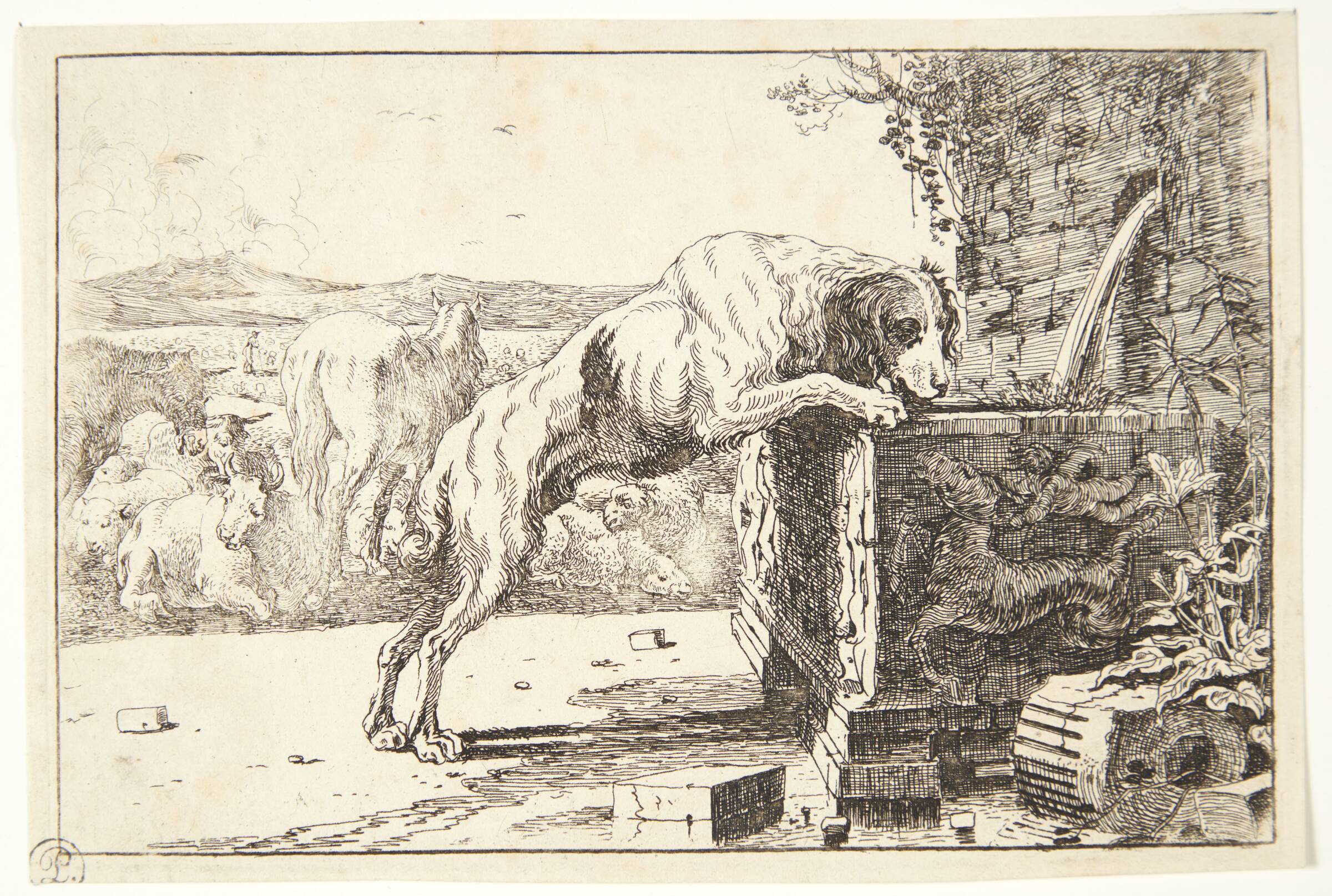 Hund ved en fontæne, Jan van den Hecke I, 1619-1684