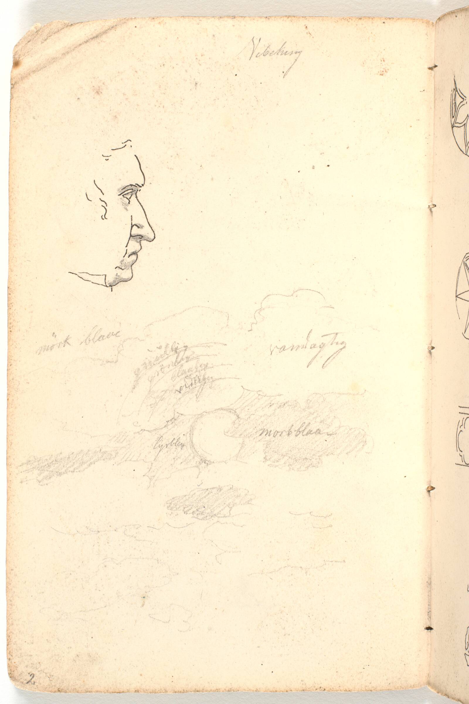Mandsprofil og skystudie med farveangivelser, Martinus Rørbye, 1825-1826