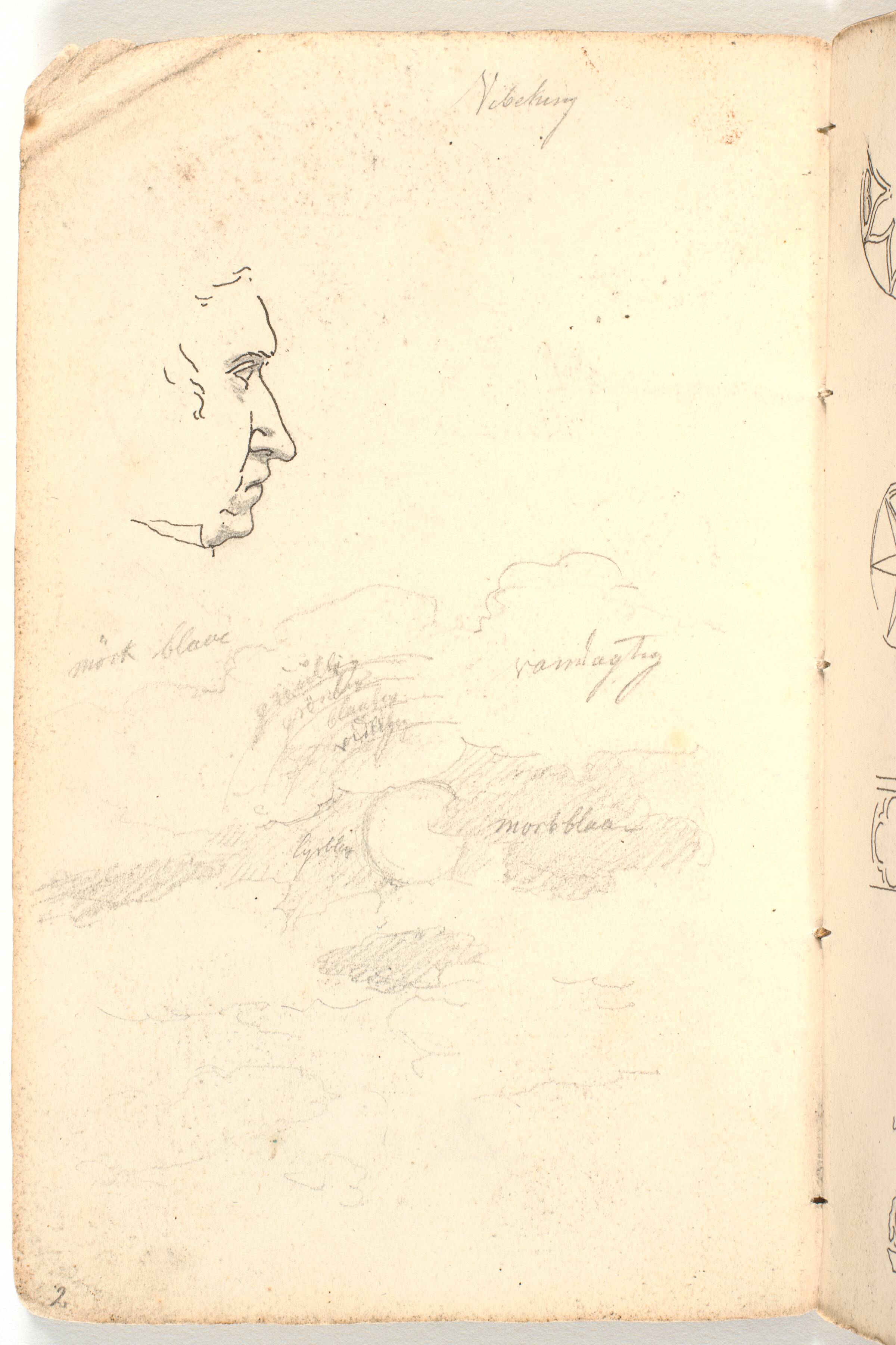Mandsprofil og skystudie med farveangivelser, Martinus Rørbye, 1825-1826