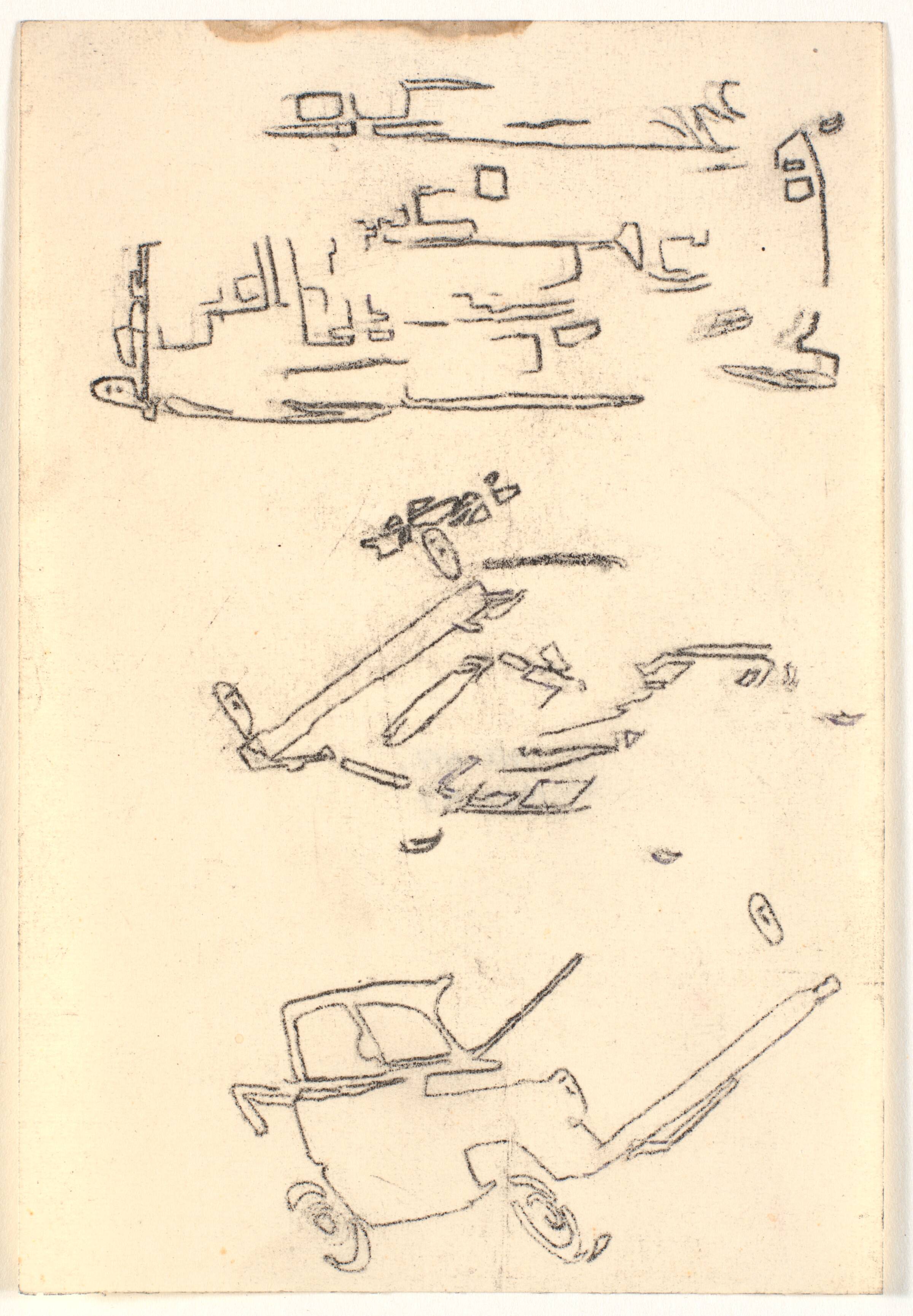 Tre fragmenter af biler. Tegning over ugebladsbilleder, Bjørn Nørgaard, 1965