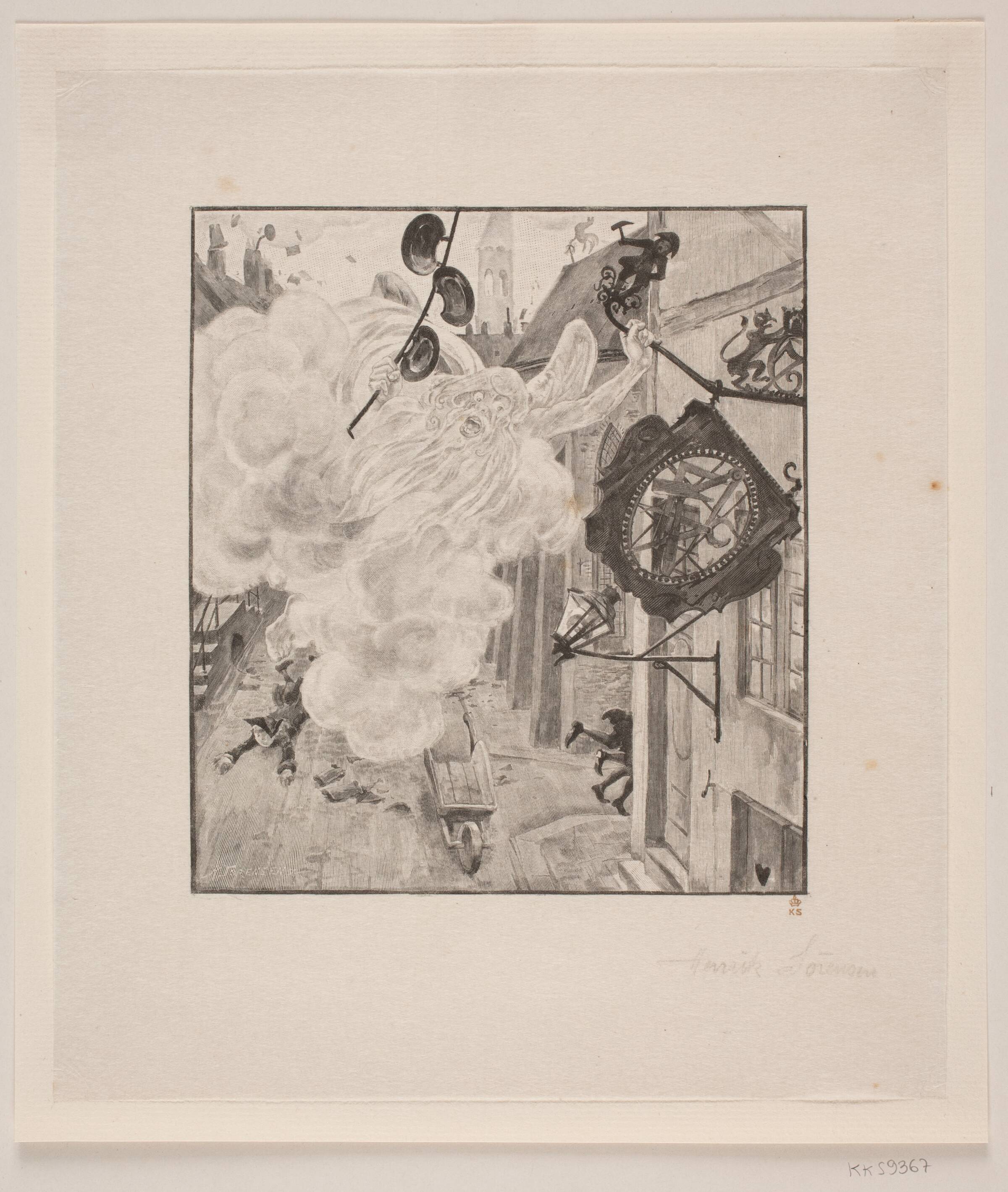 Illustration til H. C. Andersen: "Stormen flytter skilt", Henrik Arnold Hamilkar Sørensen, 1864-1944