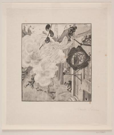 Illustration til H. C. Andersen: "Stormen flytter skilt"