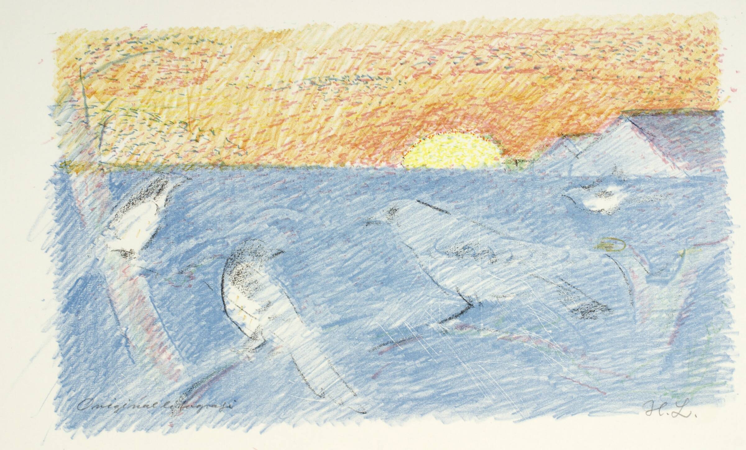 Landskab med solnedgang og fugle, Harald Leth, 1960-1969