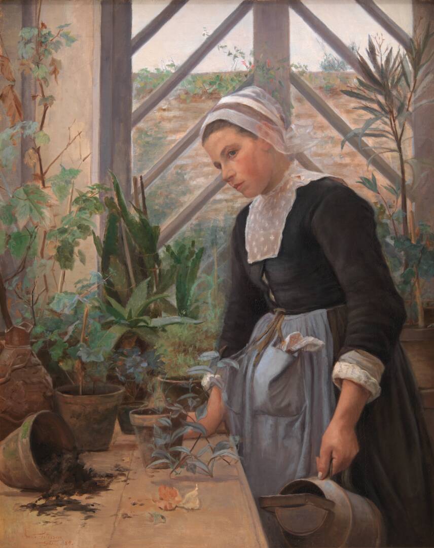 Breton Girl Looking After Plants in the Hothouse, by Anna Petersen, 1884