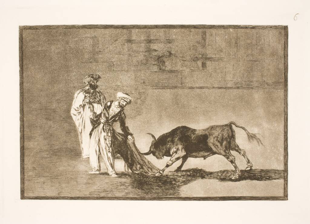 Maurerne udfører et andet trick i arenaen og lokker tyrene til sig med deres burnusser, Francisco de Goya, 1815-1816