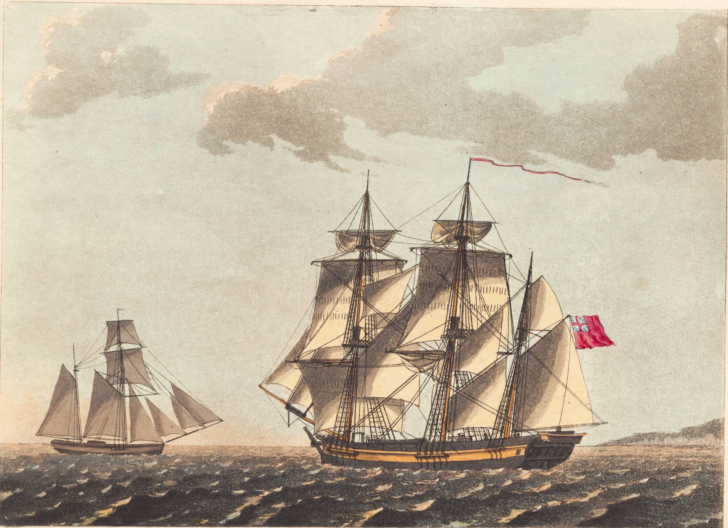En galease for - og et engelsk bark skib under vinden, Niels Truslew, 1805