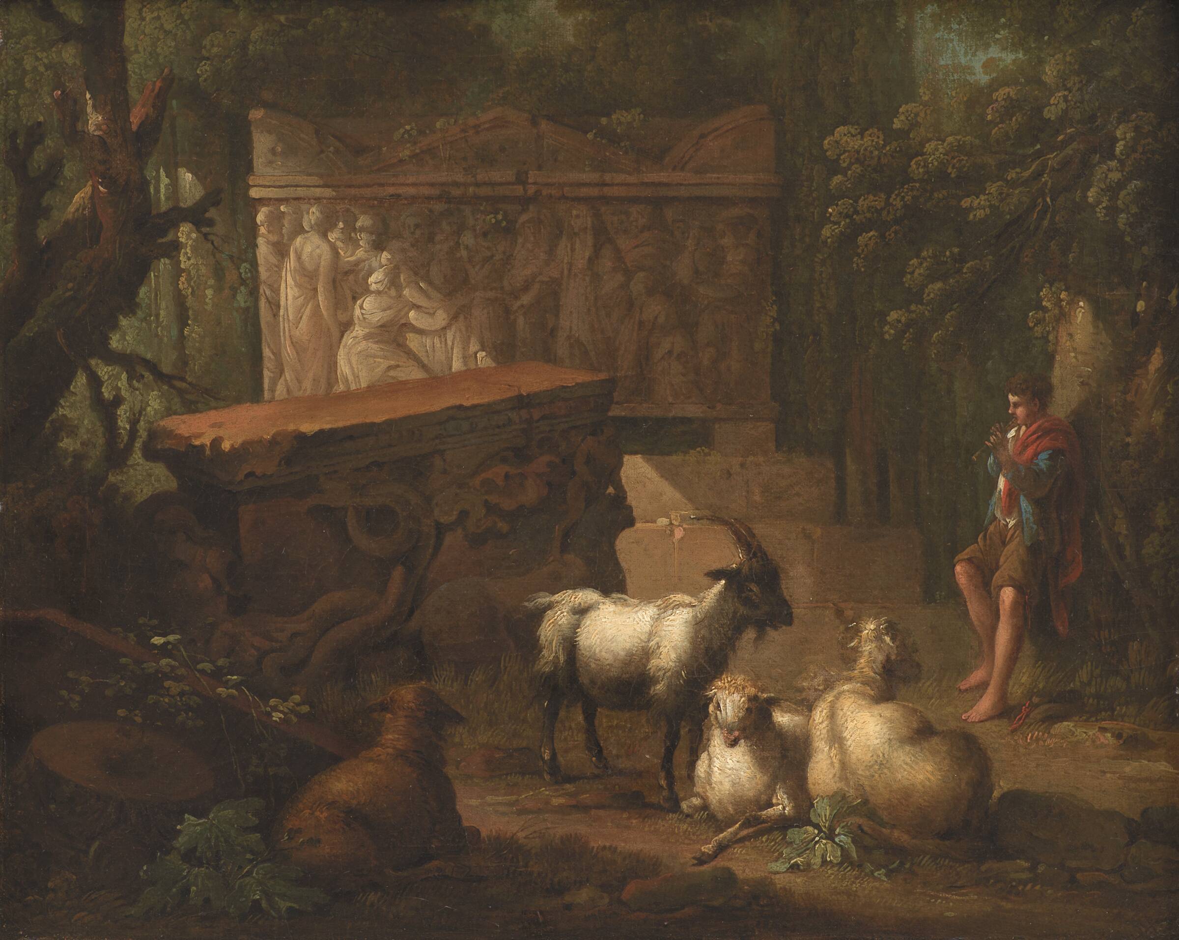 Antikke ruiner omgivet af træer, i forgrunden en hyrde og nogle geder, Johan Mandelberg, 1745-1786