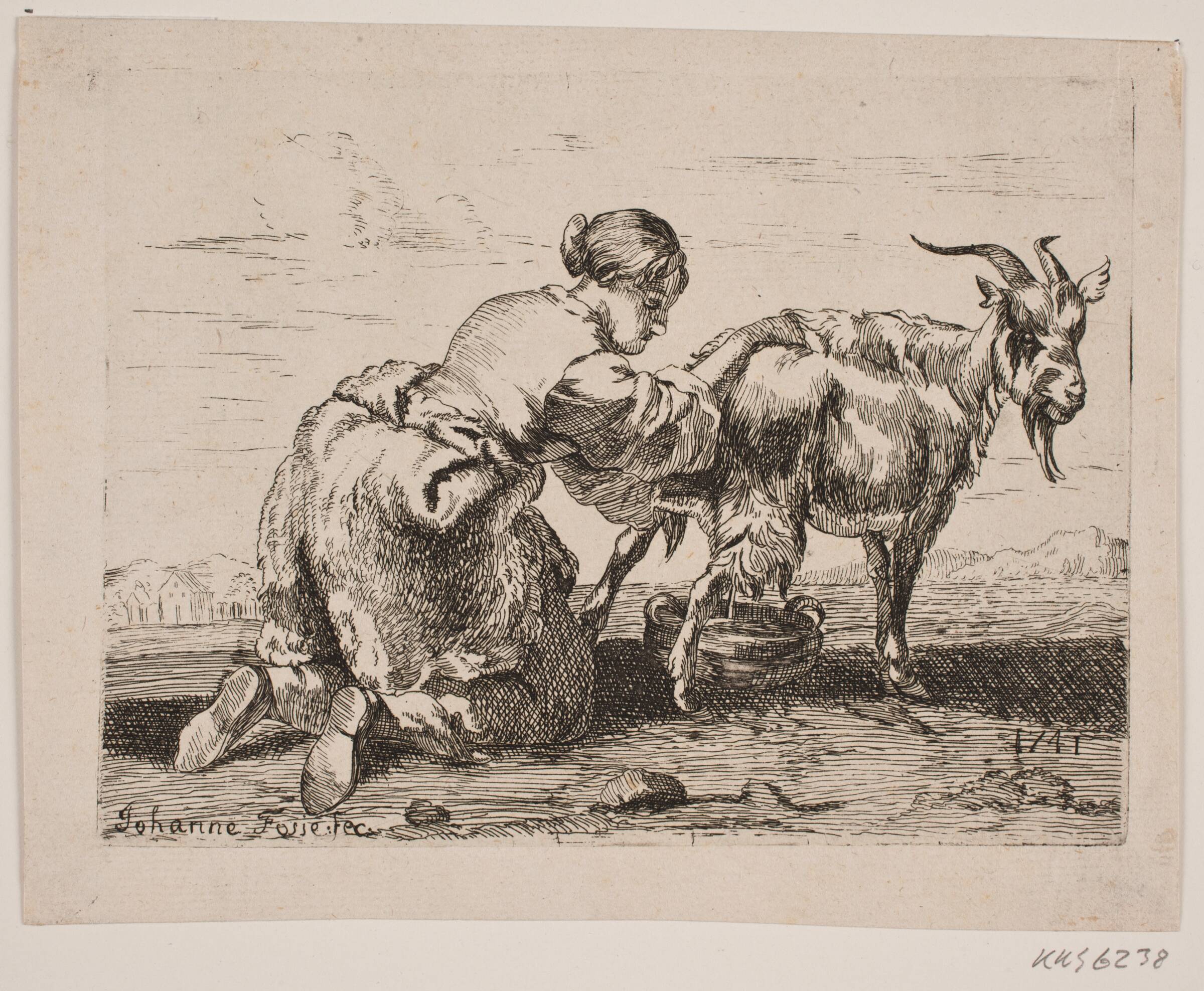 En pige, som malker en ged, Johanna Fosie, 1741