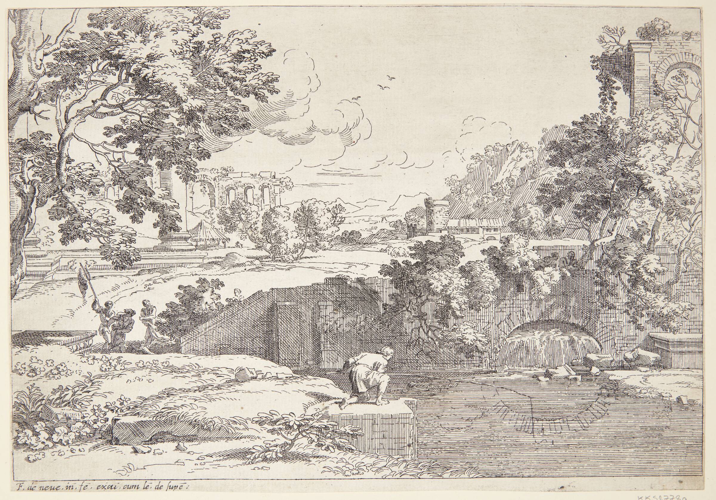 Landskab med ruiner og en fisker, Franciscus de Neve, 1606-1688