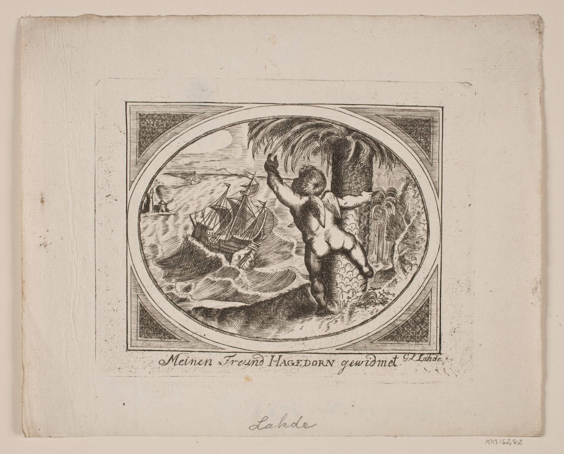 Amor ved et Palmetræ, pegende udover et oprørt hav., Gerhard Ludvig Lahde, 1784