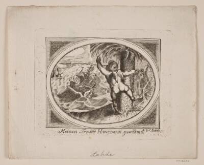 Amor ved et Palmetræ, pegende udover et oprørt hav.