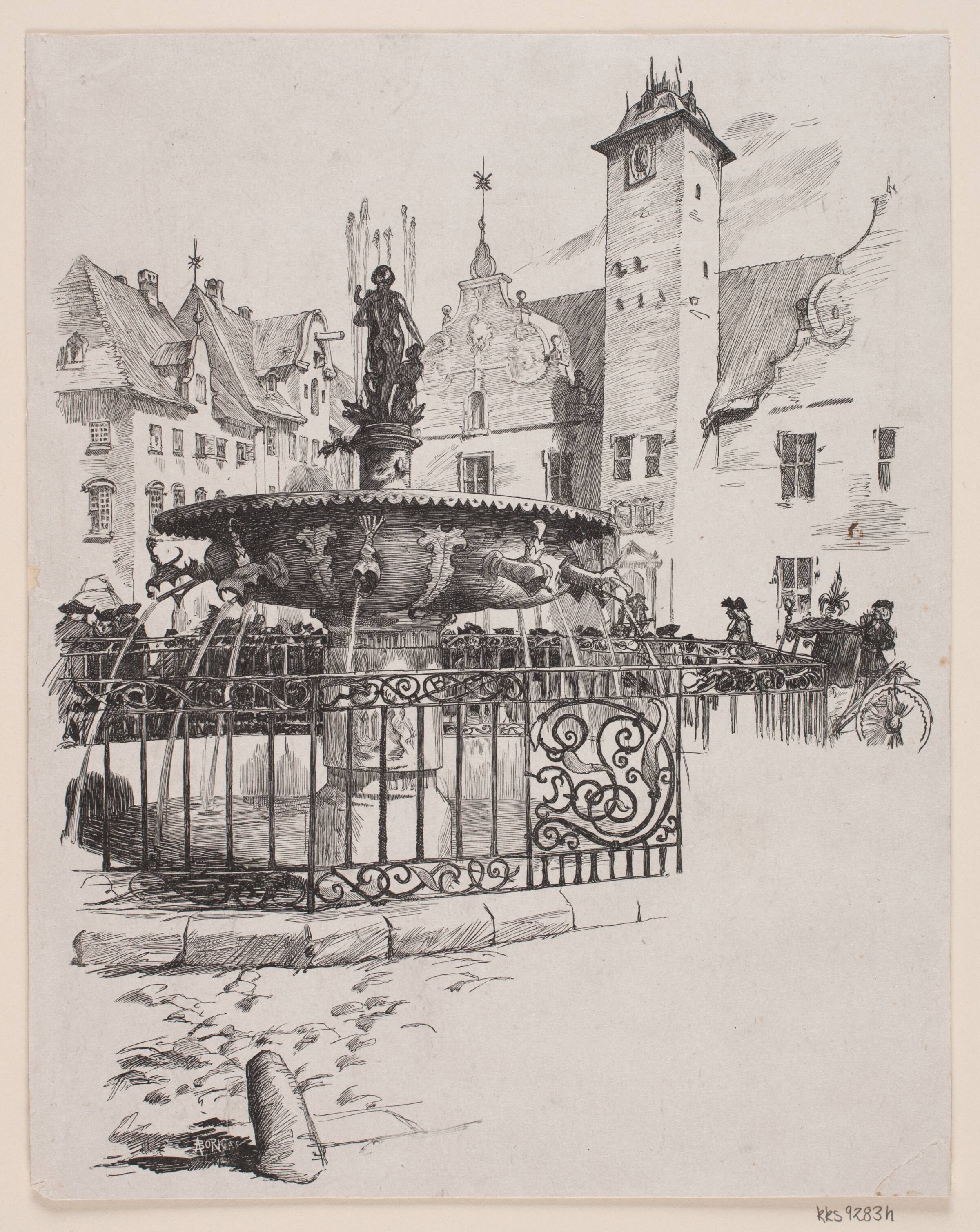 Illustration til "Den 11. juni" (Springvandet paa Gammelt Torv), André Bork, 1854-1932