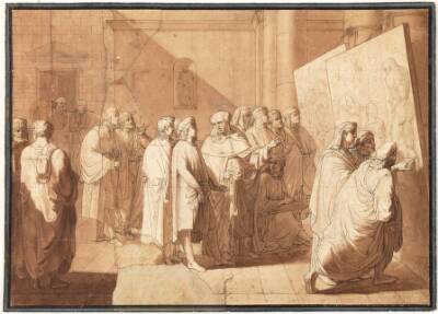 Fra Bartolommeo præsenterer Rafael for Leonardos og Michelangelos kartoner