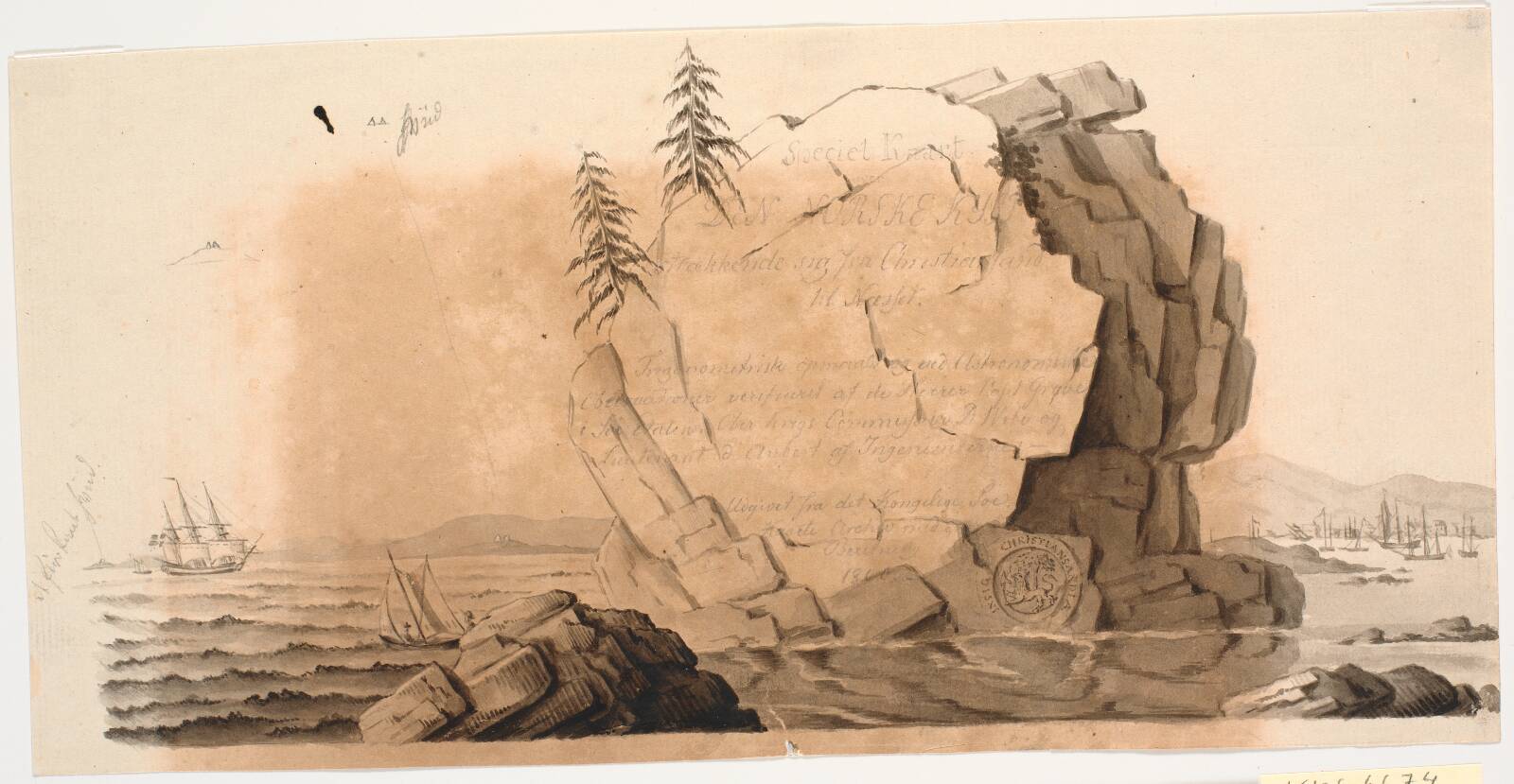 Udkast til titelvignet til et søkort: Speciel Kaart over en Deel af den Norske Kyst, by J.F. Clemens, 1800