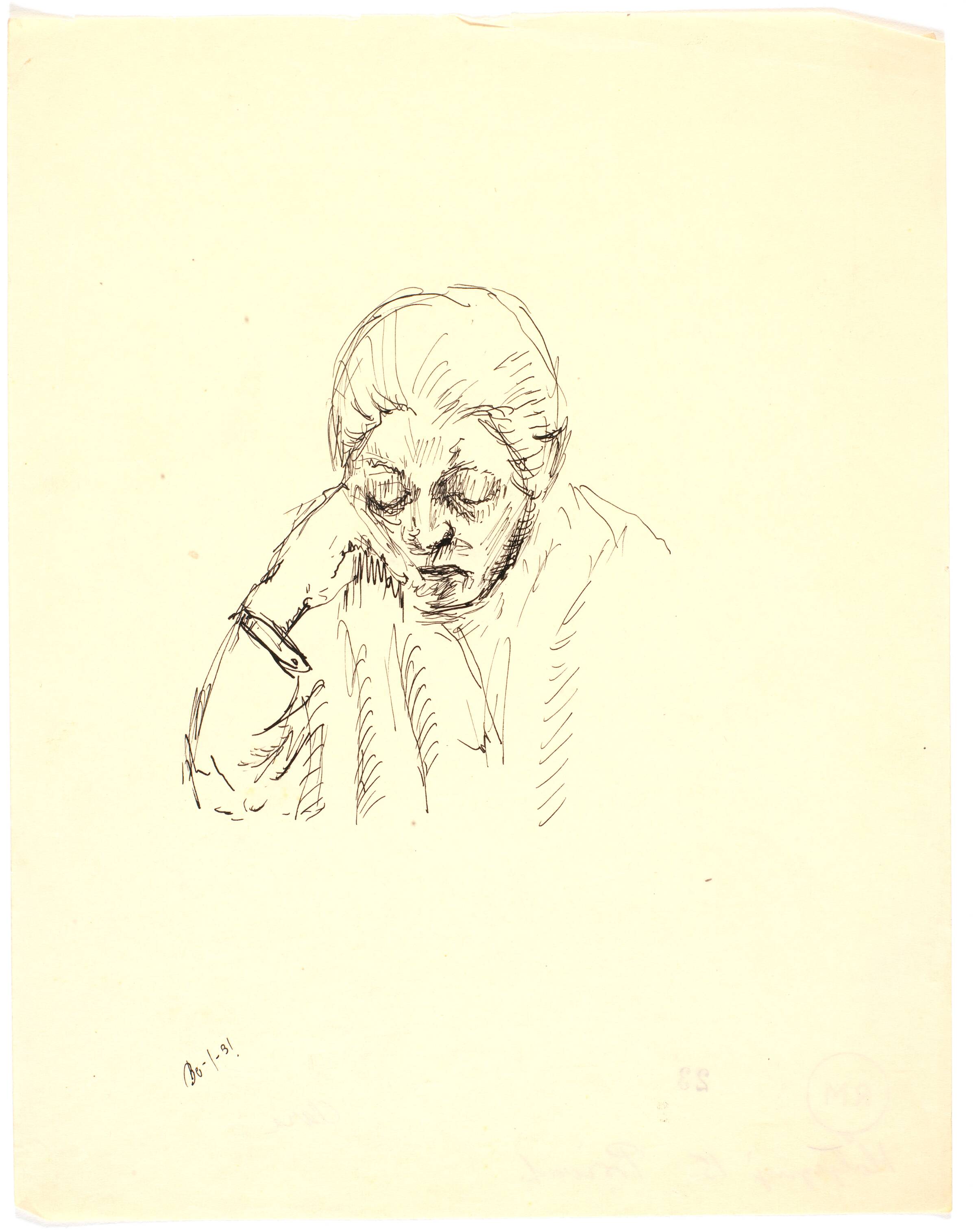 Portræt af kunstnerens mor, Clara, f. Jensen, med h. hånd under kinden, læsende, Richard Mortensen, 1931