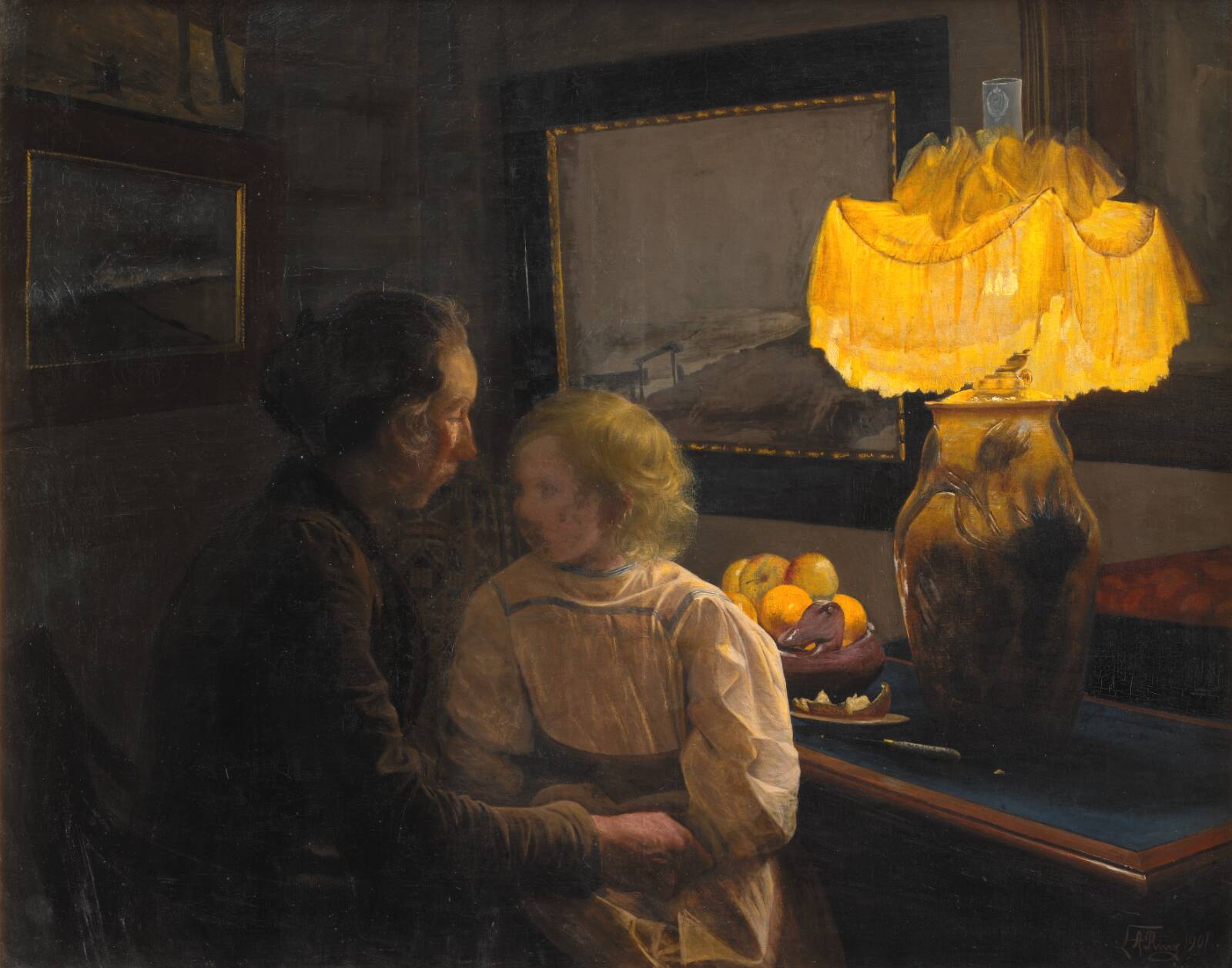Moder fortæller. Kunstnerens hustru og datter, L.A. Ring, 1901