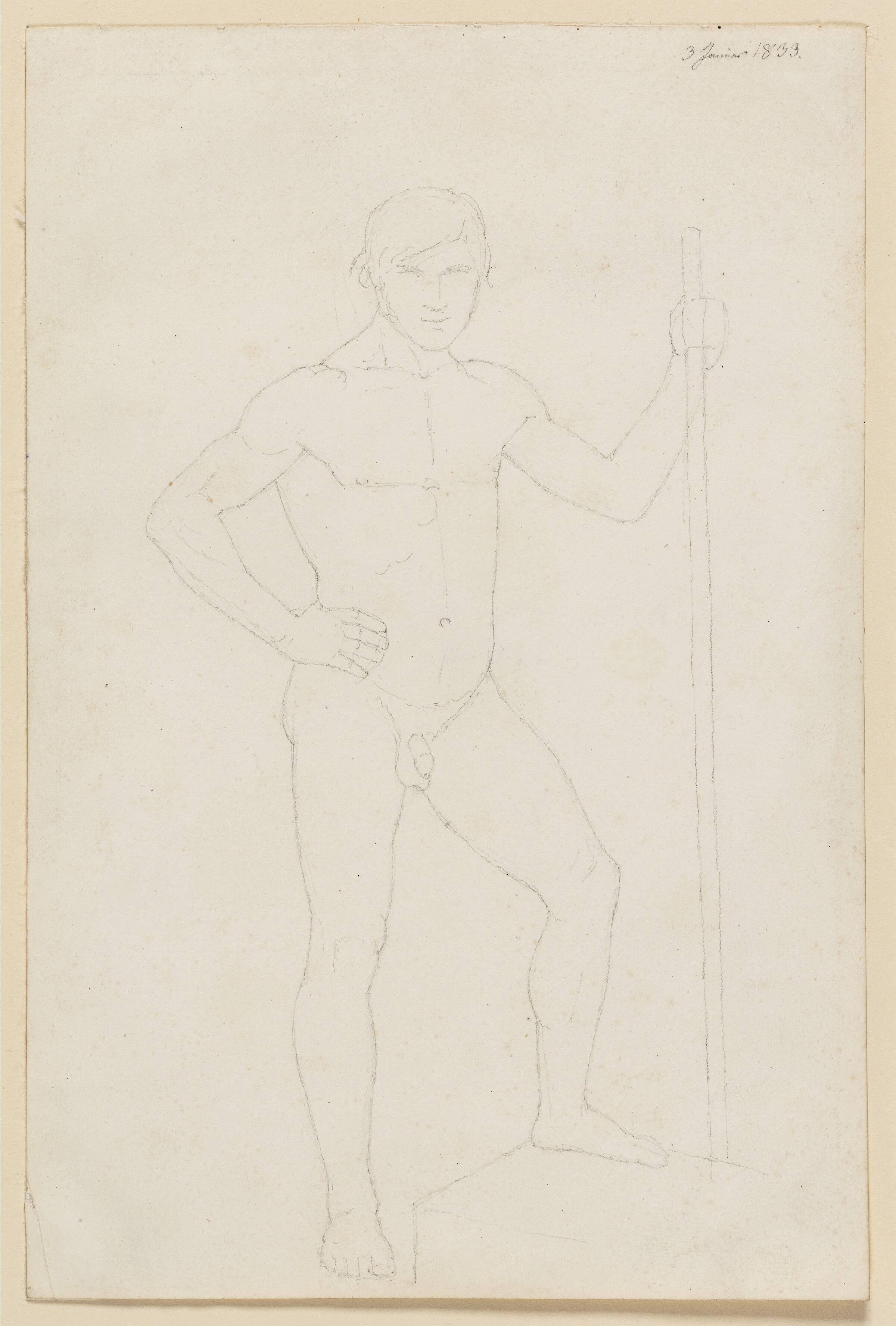 Stående mandlig model med en stav i venstre hånd, Erling Eckersberg, 1833