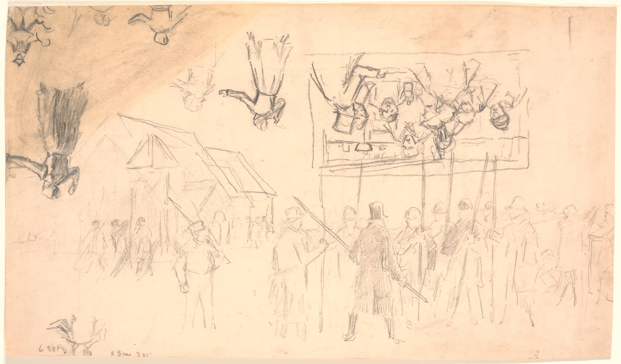 Studieblad med flere udkast. F.n. studie til maleriet "Fjenden ventes"; f.o. studie af bønder omkring et bord og fem studier af en gående kvinde, Hans Smidth, 1893