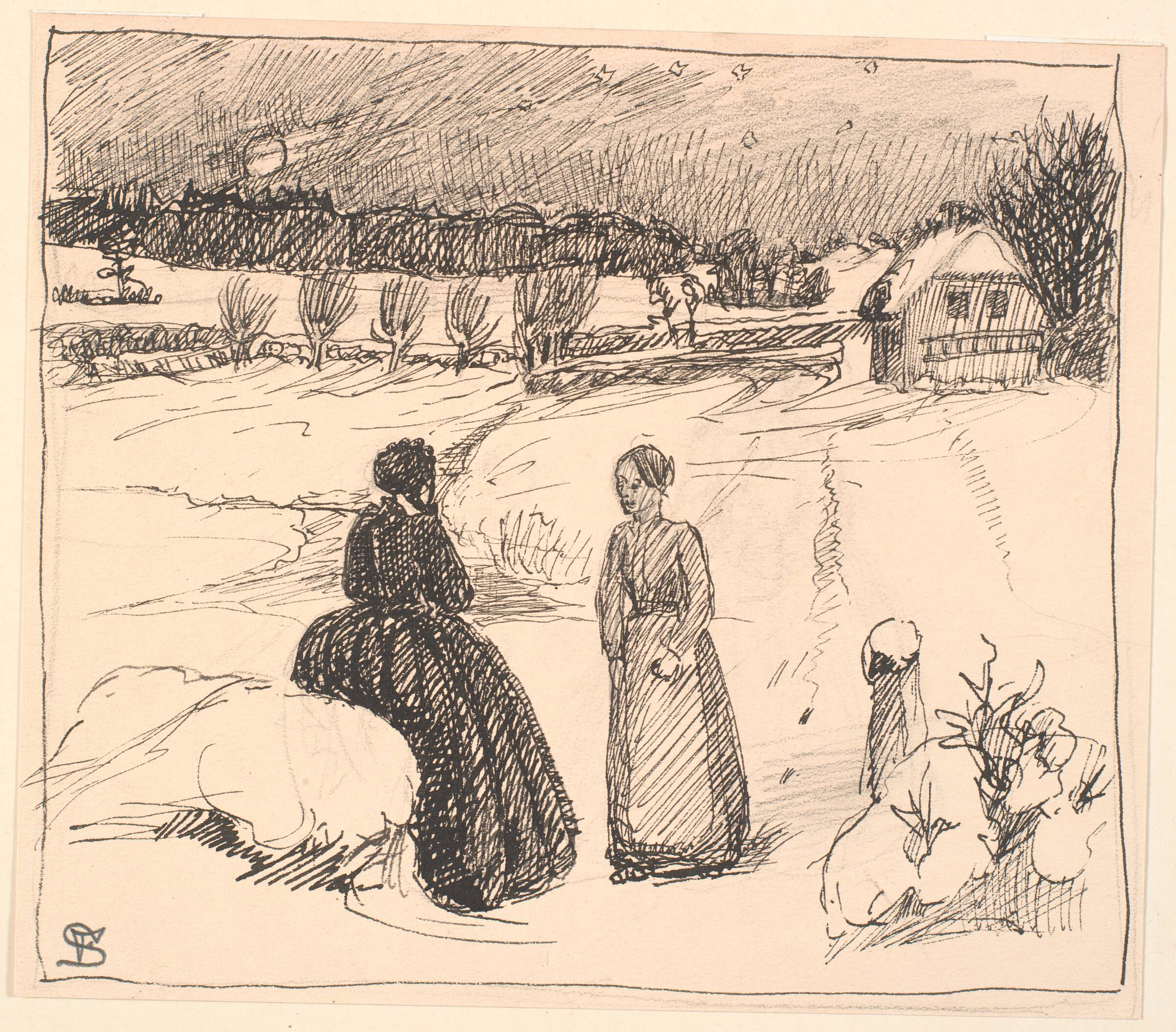 Der ude i Sneen sad en Kone i lange sorte Klæder..., Fritz Syberg, 1895
