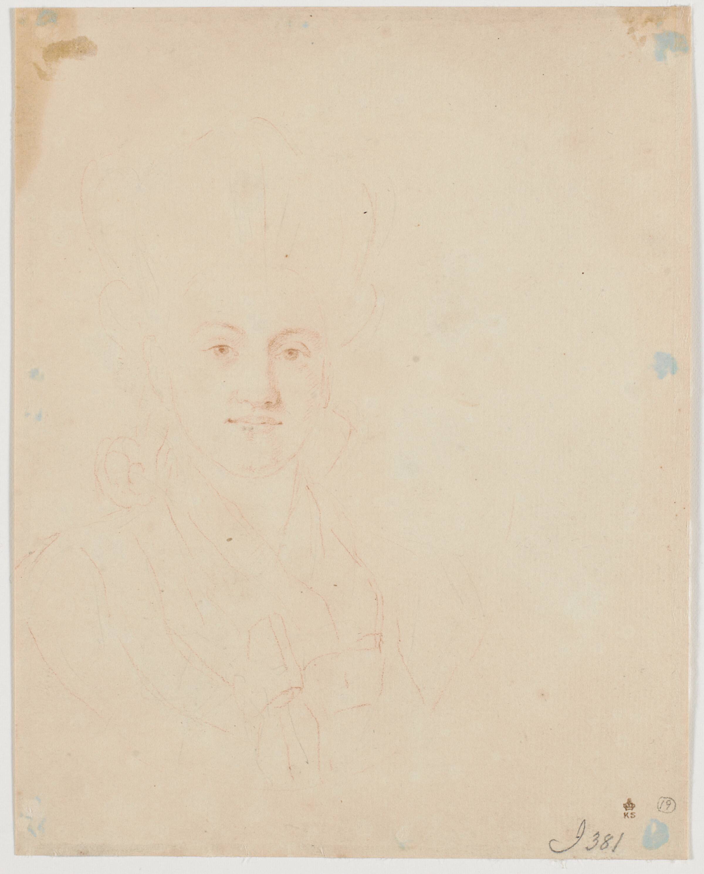 Portrætudkast af samme som på recto (Susanne Elisabeth Holm, kaldet Julie), en face, Jens Juel, 1777-1779