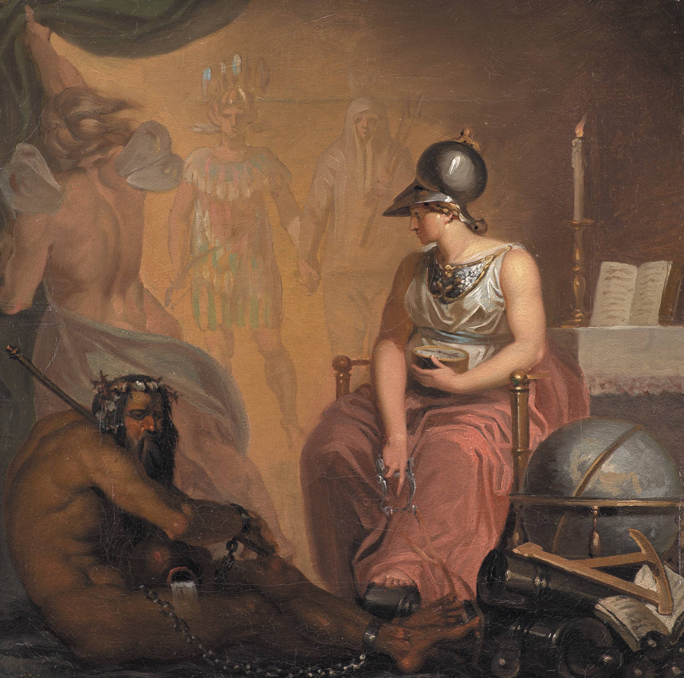 Videnskabernes fornyelse, bogtrykkerkunstens og krudtets opfindelse samt Amerikas opdagelse. Allegori på en af fire hovedepoker i Europas kulturhistorie, Nicolai Abildgaard, 1784