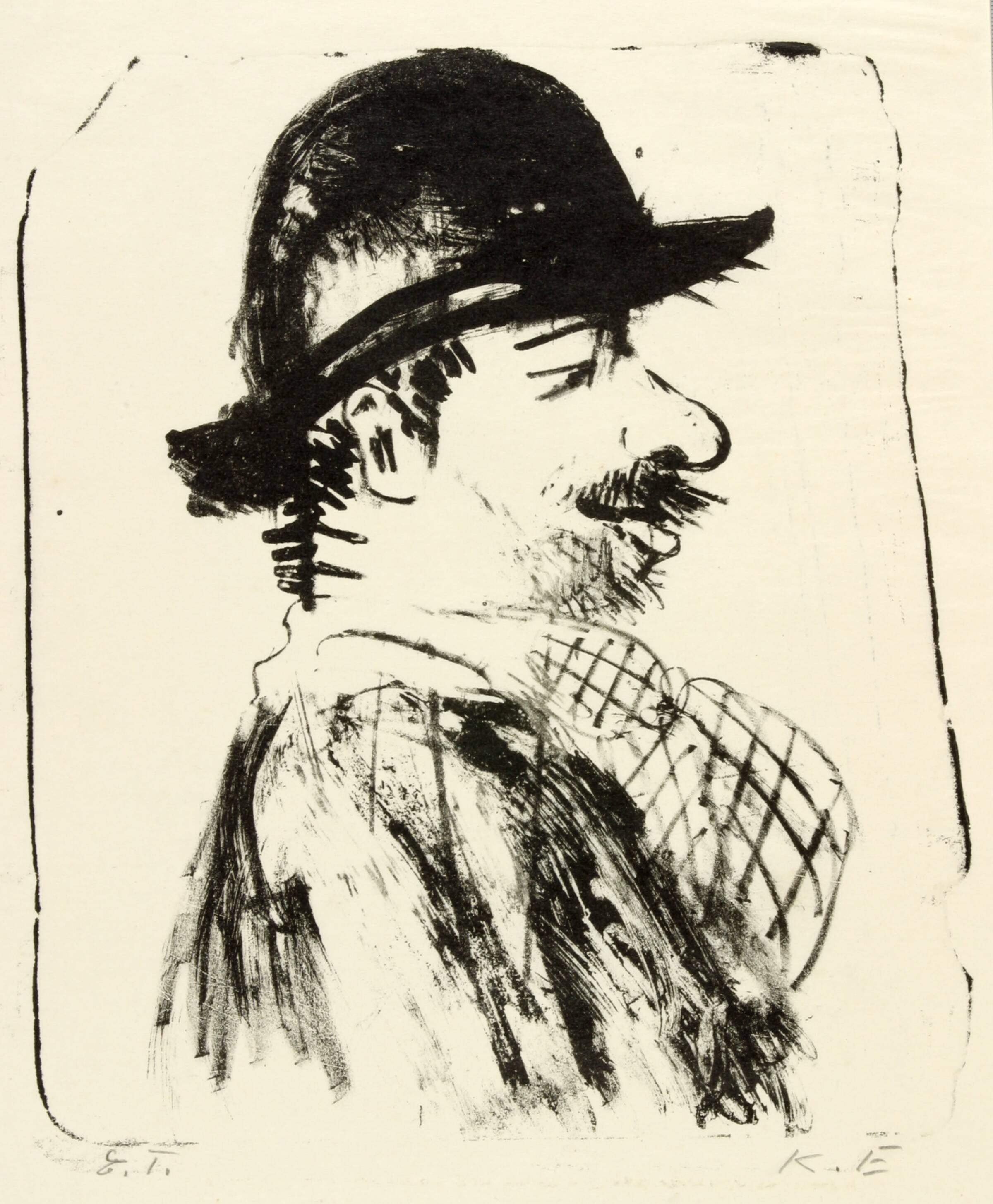 Portræt af mand med bowlerhat. Profil mod højre. Brystbillede, Kaj Ejstrup, 1930