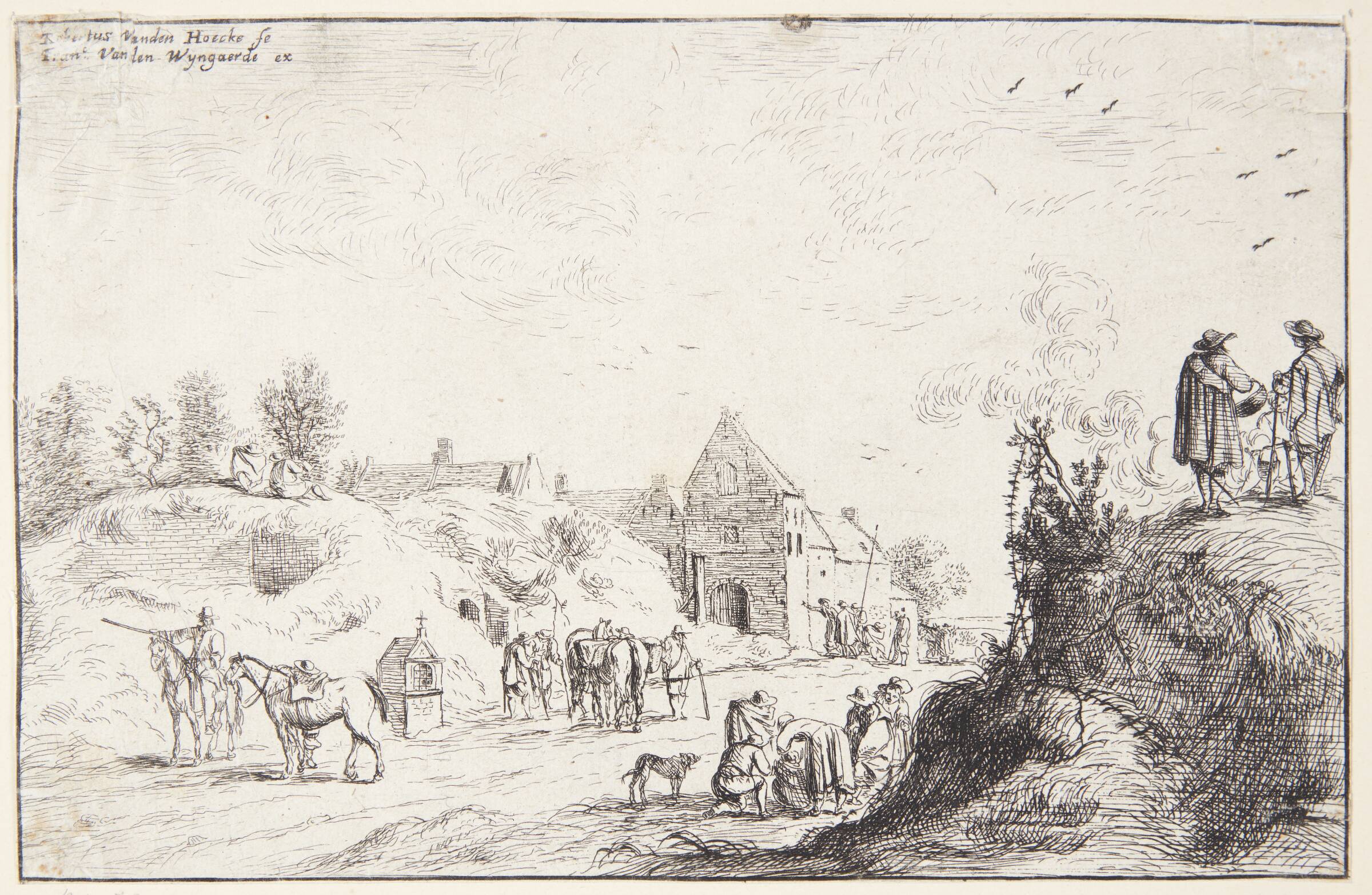 To soldater og en kvinde på en lille bakke, samlet om et bål med en kedel, Robert van den Hoecke, 1622-1668