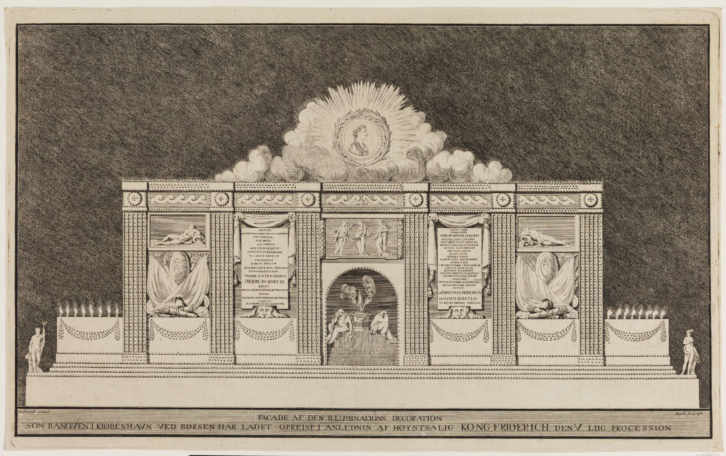 "Facade af den Illuminations Decoration som Banqven i Kiøbenhavn ved Børsen har ladet opreise i Anledning af Høystsalig Kong Friderich den V Liig Procession", J.G. Bradt, 1766