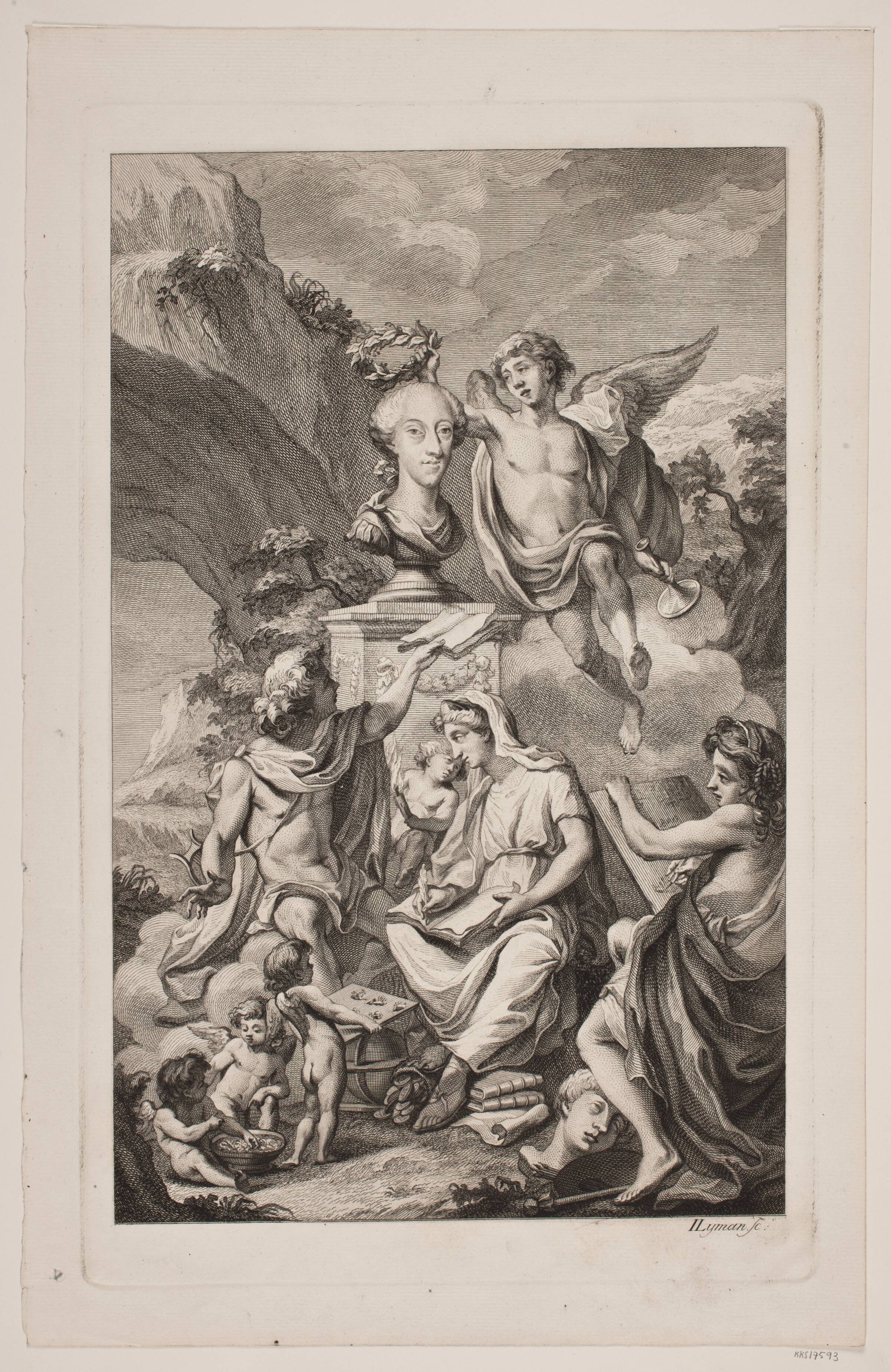 Allegorisk fremstilling af Fama der bekranser en dansk konge, Christian VII eller Frederik V?, Johan Samuel Lymann, 1768