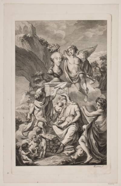 Allegorisk fremstilling af Fama der bekranser en dansk konge, Christian VII eller Frederik V?