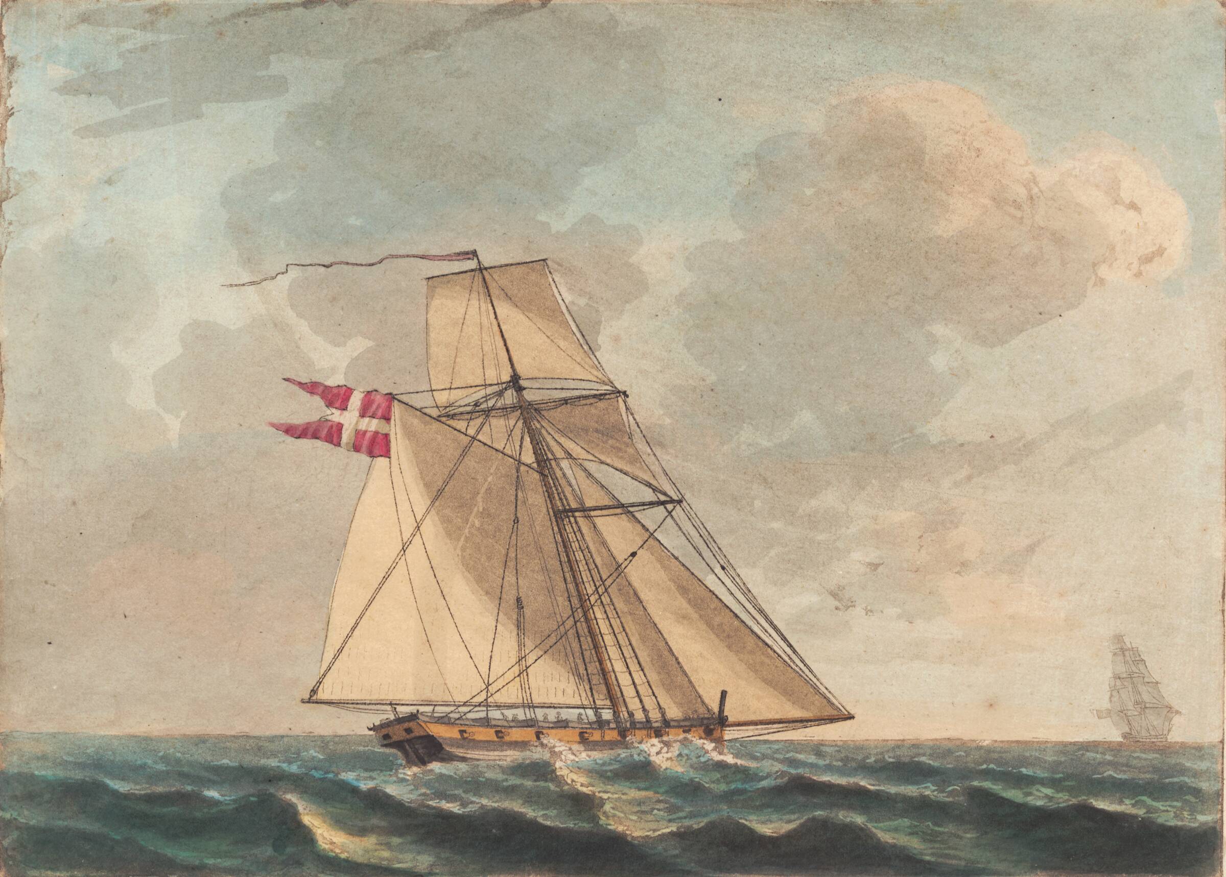En dansk cutter seilende tæt under vinden, Niels Truslew, 1805